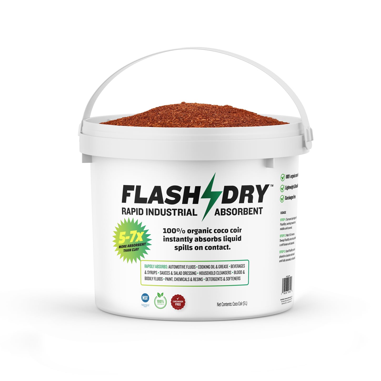 Flashdry Super Spill Absorbent, 5L Bucket With Dispenser Lid, 100% Organic Coco Coir, Landfill Safe, Osha Approved, Ideal For Absorbing Oil, Paint, Grease In Garages, Kitchens, Janitor Kits
