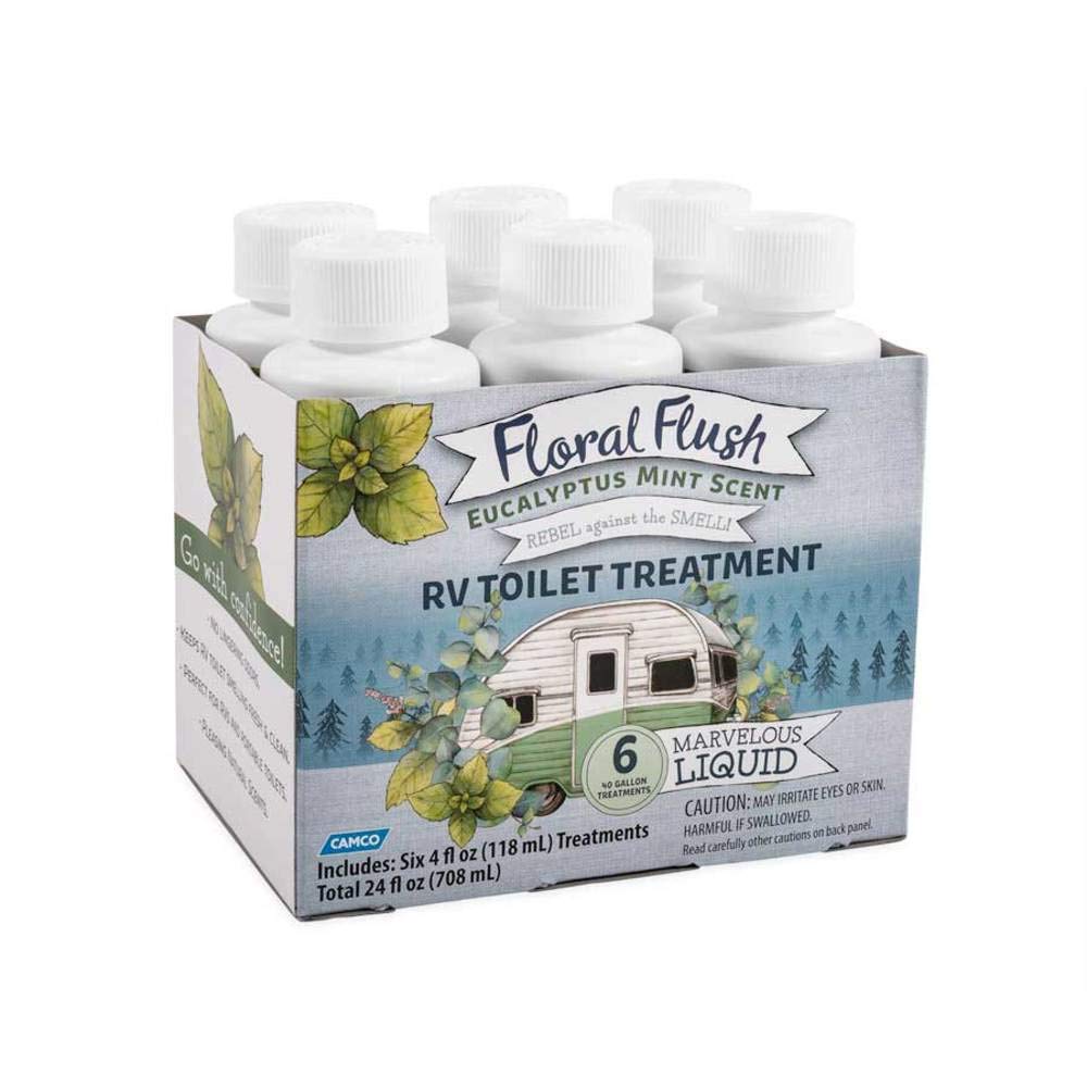 Camco 41482 Floral Flush Rv Toilet Treatment Singles, Eucalyptus Mint Scent - Eliminates Odors And Breaks Down Waste - Each Bottle Treats Up To 40-Gallons - Contains (6) 4 Oz. Bottles
