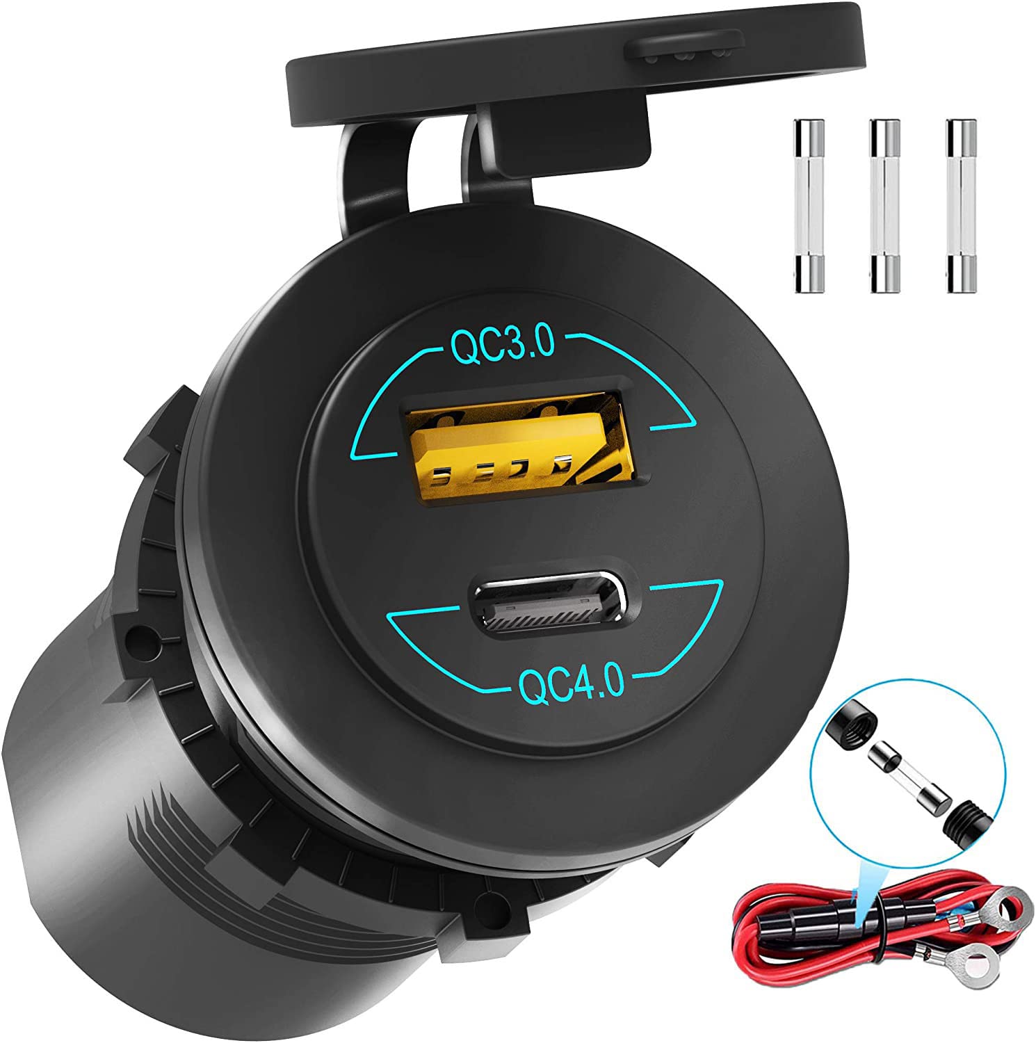 Quick Charge 4.0 Pd Type C And Quick Charge 3.0 Usb Charger Socket, Alfreddireck 12V/24V Car Power Outlet Waterproof Socket With Dual Ports For Marine Boat Motorcycle Golf