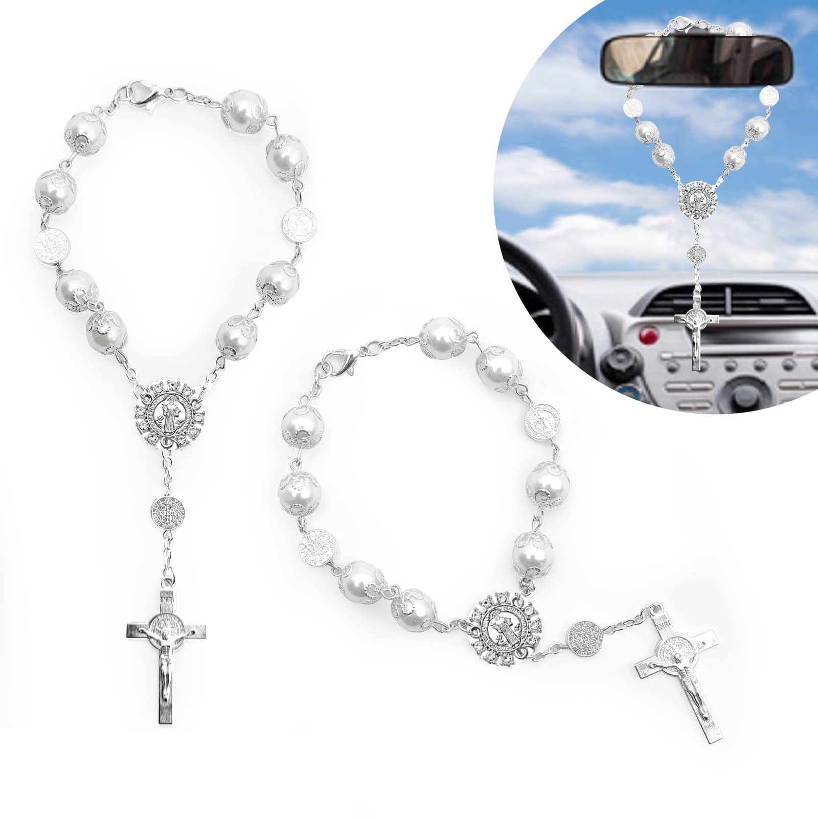 2 Pieces Car Mirror Hanging Accessories,Car Rosary With Cross Blessing Rosary, Beads Catholic For Woman Men Personalized Rearview Mirror Auto Rosary Hanging Accessories Interior Decors (White)