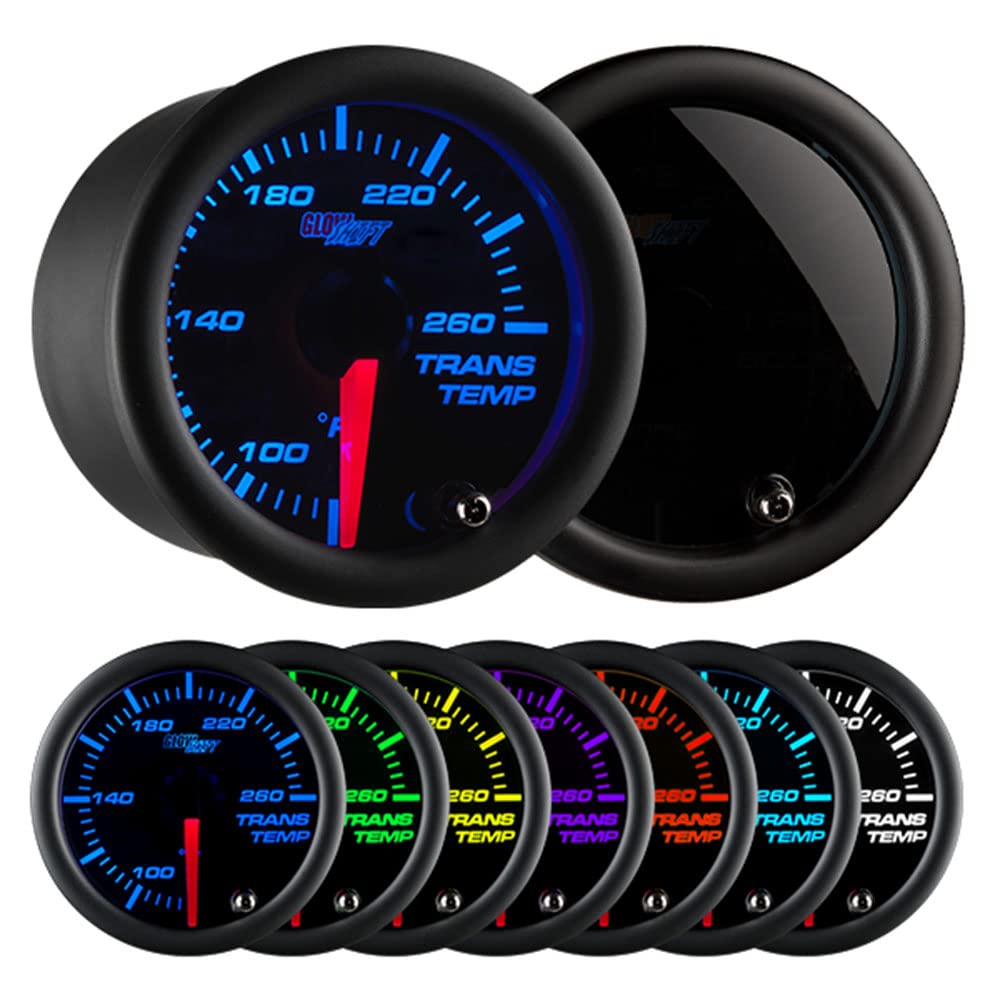 Glowshift Tinted 7 Color 260 F Transmission Temperature Gauge Kit - Includes Electronic Sensor - Black Dial - Smoked Lens - For Car & Truck - 2-1/16' 52Mm