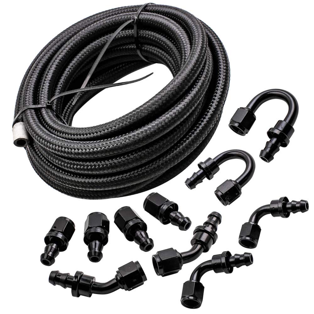 Maxpeedingrods 6An 20Ft Fuel Line Kit, 3/8' Gas Oil Line Hose, An6 Transmission Cooler Lines, Cpe Nylon Stainless Steel Braided+ -6An Push Lock Fitting Hose End 10Pcs