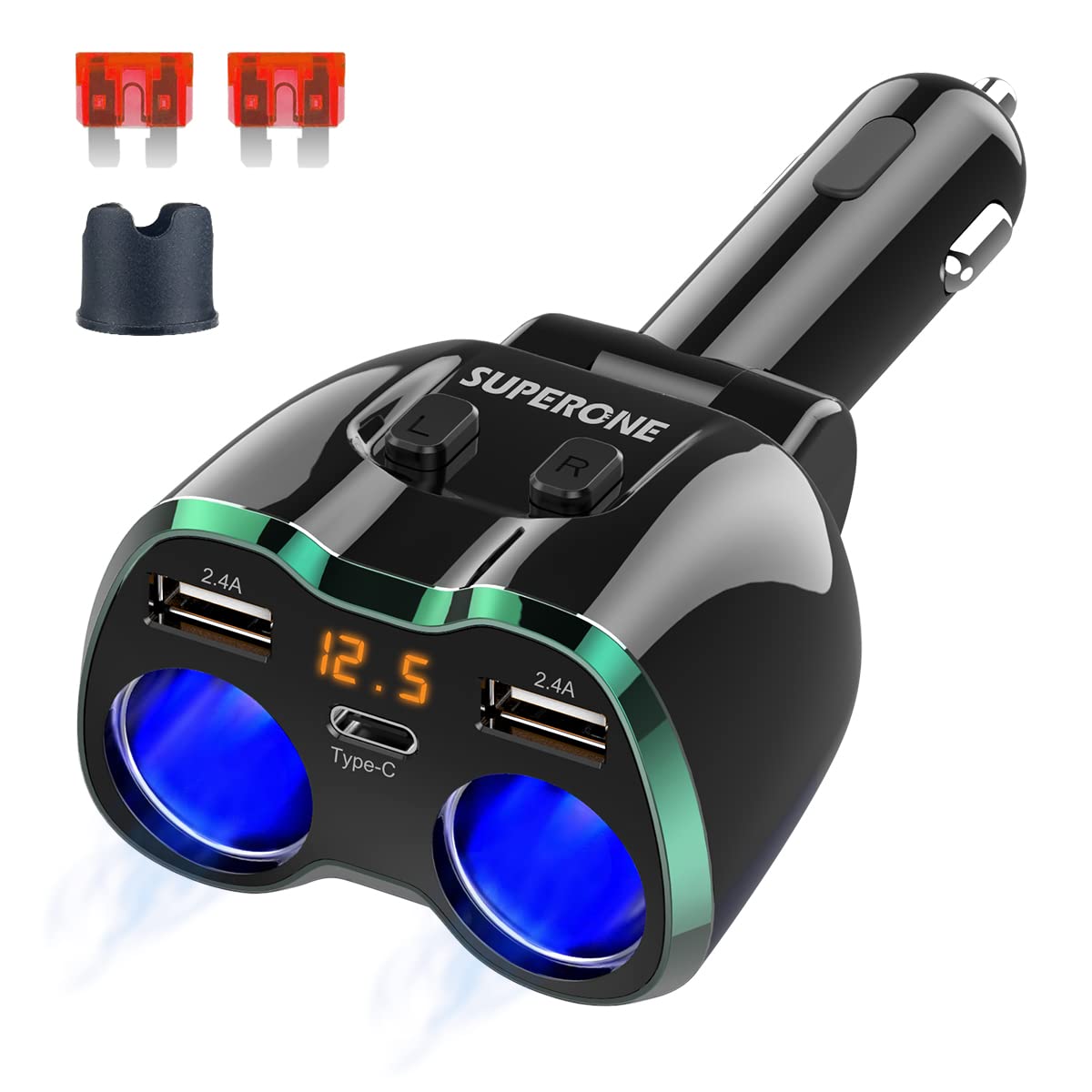 Superone 2 Socket Cigarette Lighter Splitter 12/24V 80W Dual Usb Type-C Adapter Independent Switch Led Voltage Display Replaceable 10A Fuse Compatible Cell Phone Gps Dash Cam