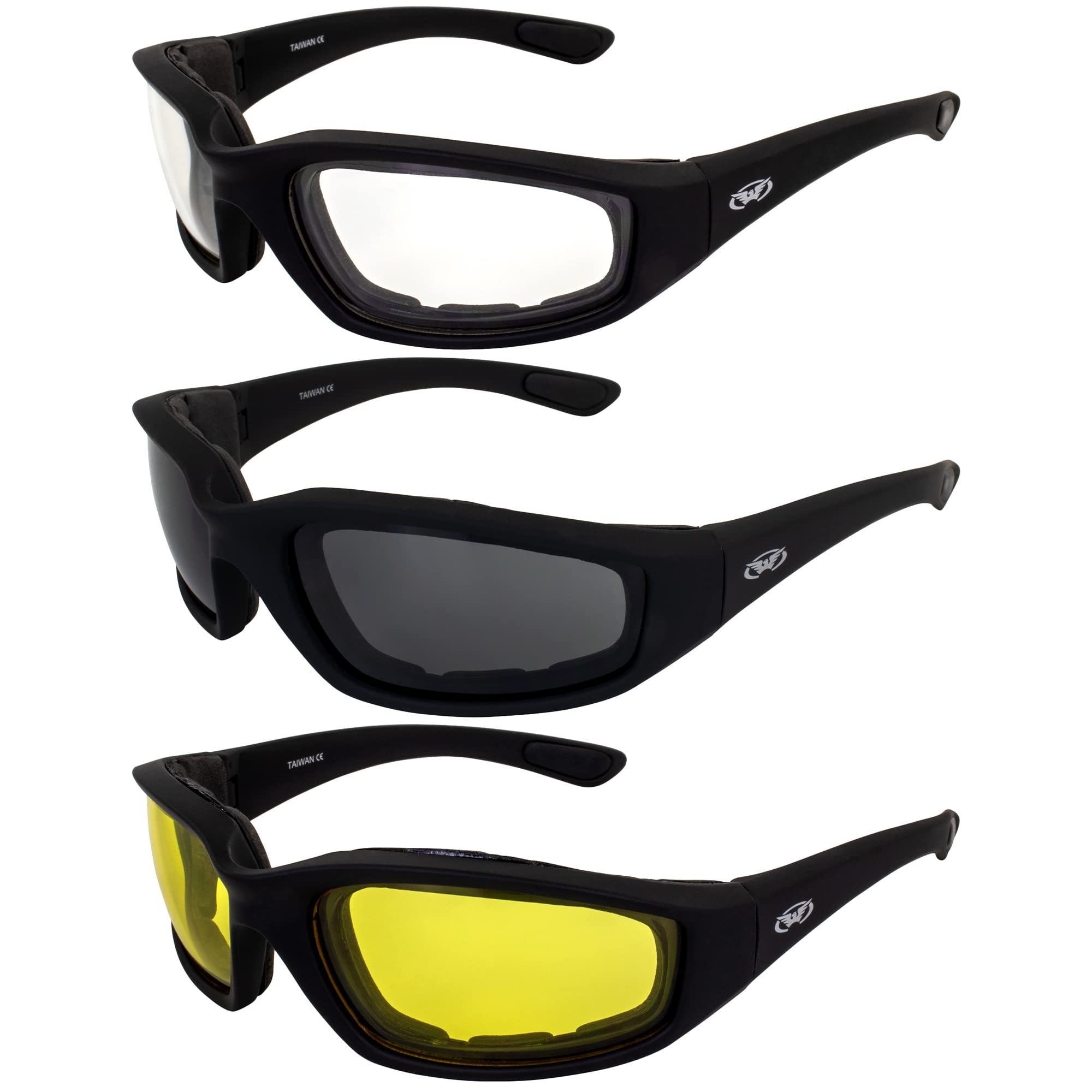 3 Pairs Of Global Vision Kickback Black Foam Padded Motorcycle Riding Sunglasses 1 Clear Lens 1 Smoke Lens And 1 Yellow Lens