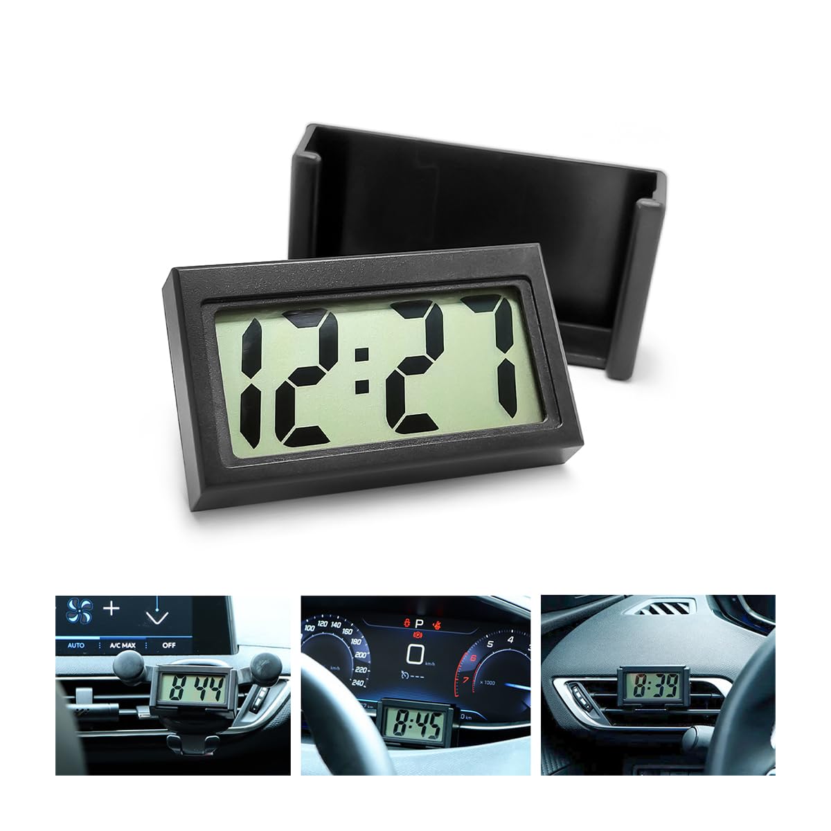 Osilly Mini Digital Clock For Car Dashboard, Battery Operated & Clear Lcd Screen Time Display, Small Digital Clock With Self-Adhesive Bracket (Black)