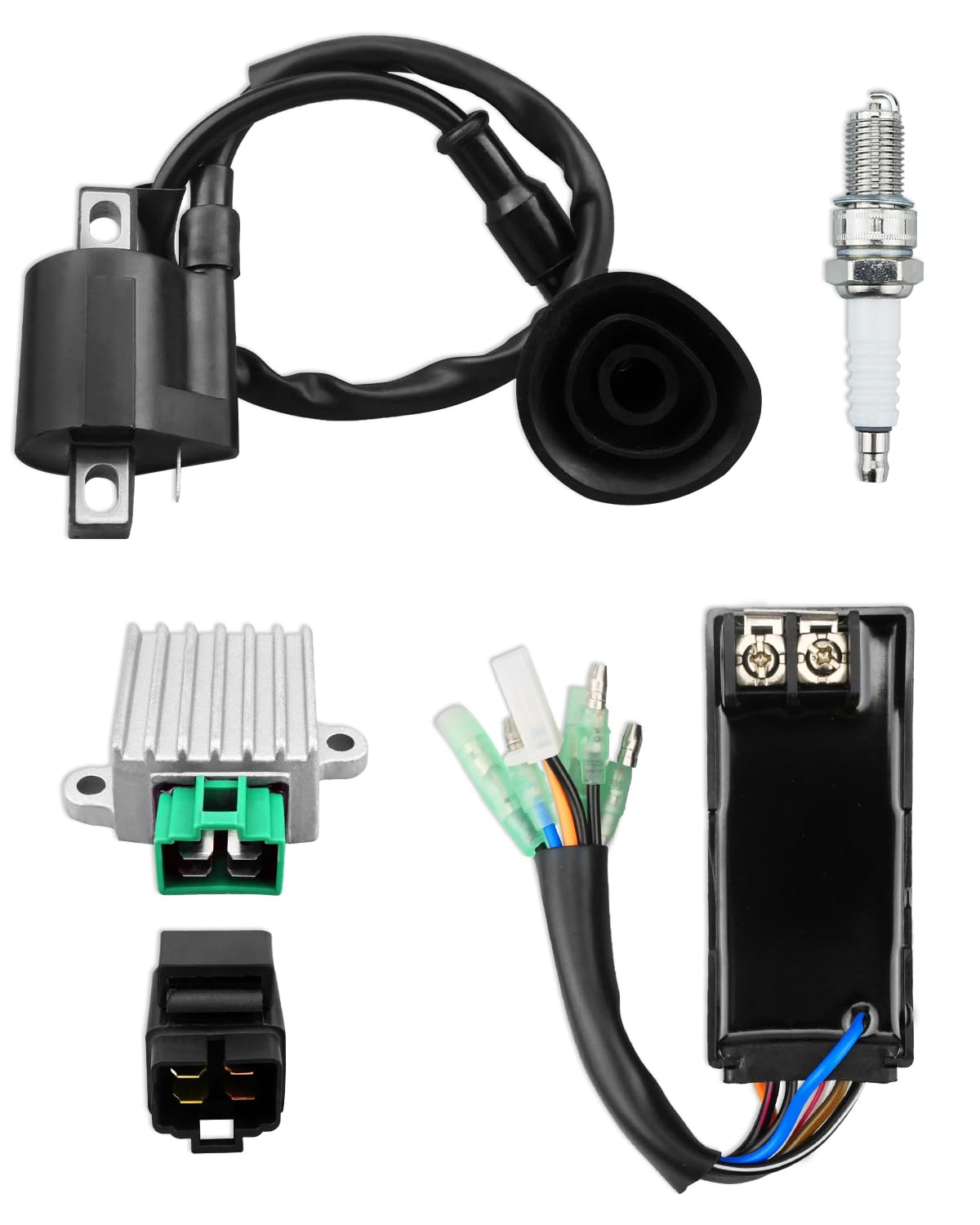 JUQAFY CDI Box Ignition Coil Kit for Polaris Sportsman 90, Predator, Scrambler 50/90 ATV with Voltage Regulator, Spark Plug & Starter Relay