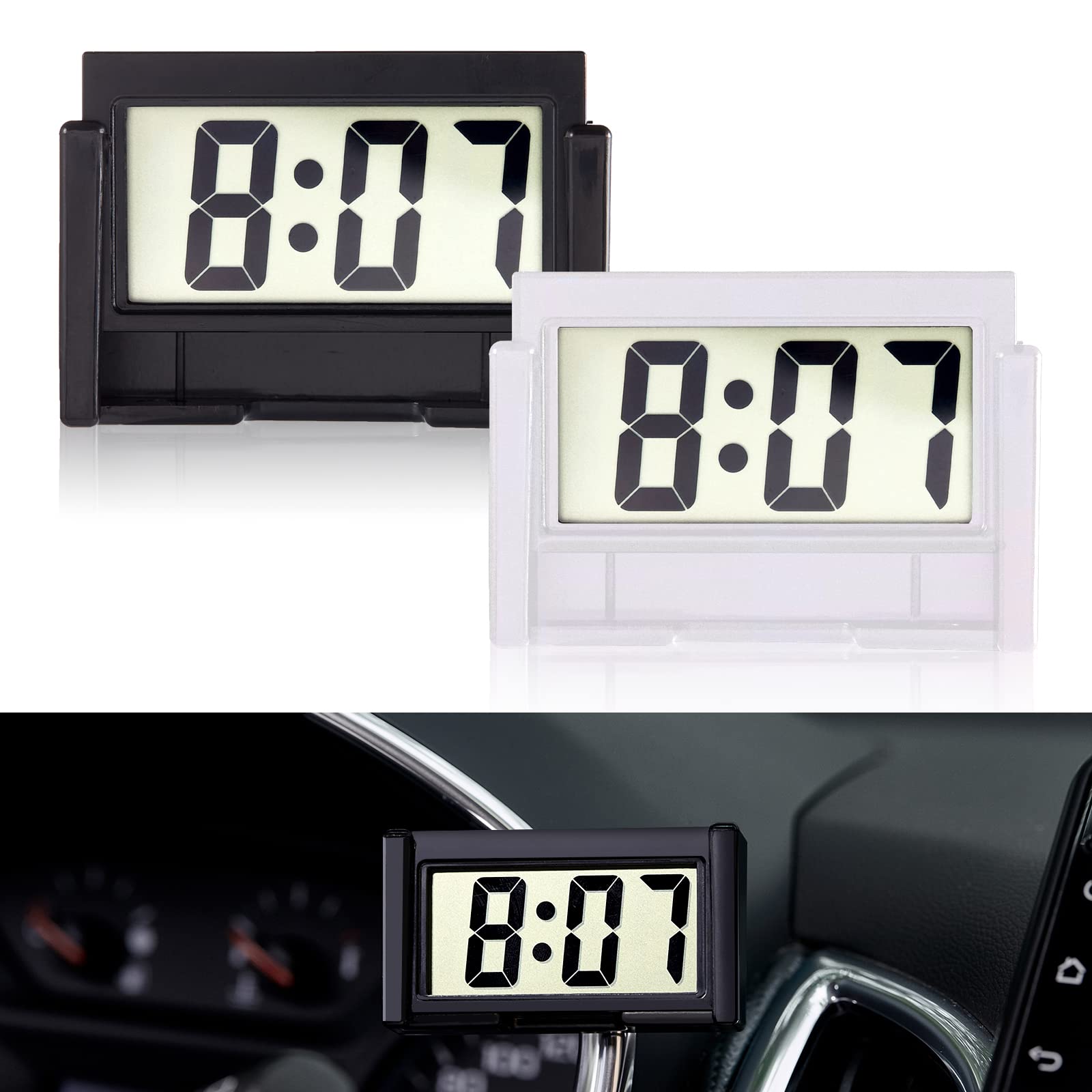 Kanbit Small Digital Car Dashboard Clock Battery Operated 2 Pieces Big Clear Lcd Time Display With Strong Adhesive Mini Stick On Car Watch For Automotive, Motorcycle &Truck (Black, White)