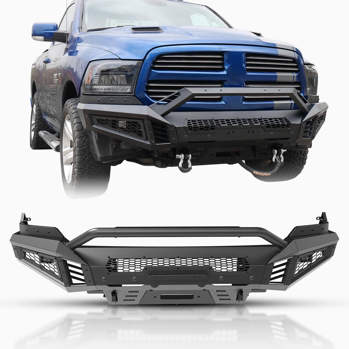 Wolfstorm Front Bumper Compatible With 2013-2018 Dodge Ram 1500 And 2019-2024 Ram 1500 Classic (Excluding Warlock) Pickup Truck (Mid-Width Front Bumper+Side Wing+Bull Bar+Bottom Guard)