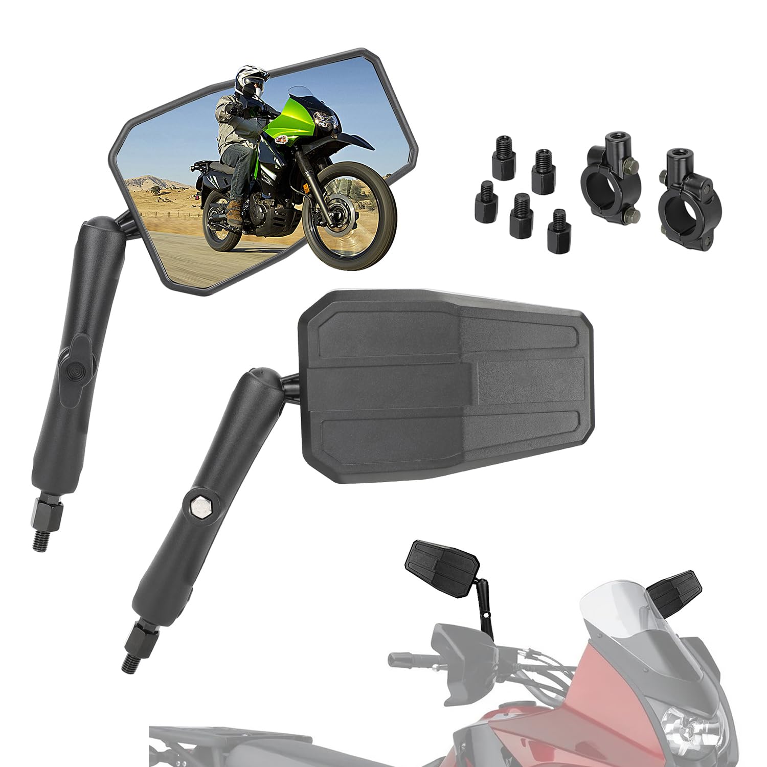 Iuvwisn Motorcycle Rear View Mirror 8/10Mm Angle Adjustable Aluminum Mirror Universal For Klr 650 Crf300L Drz400 Klx300 390/790/890/1290 Adventure R1250Gs Tenere 700 Adv Dirt Bike Dual Sport