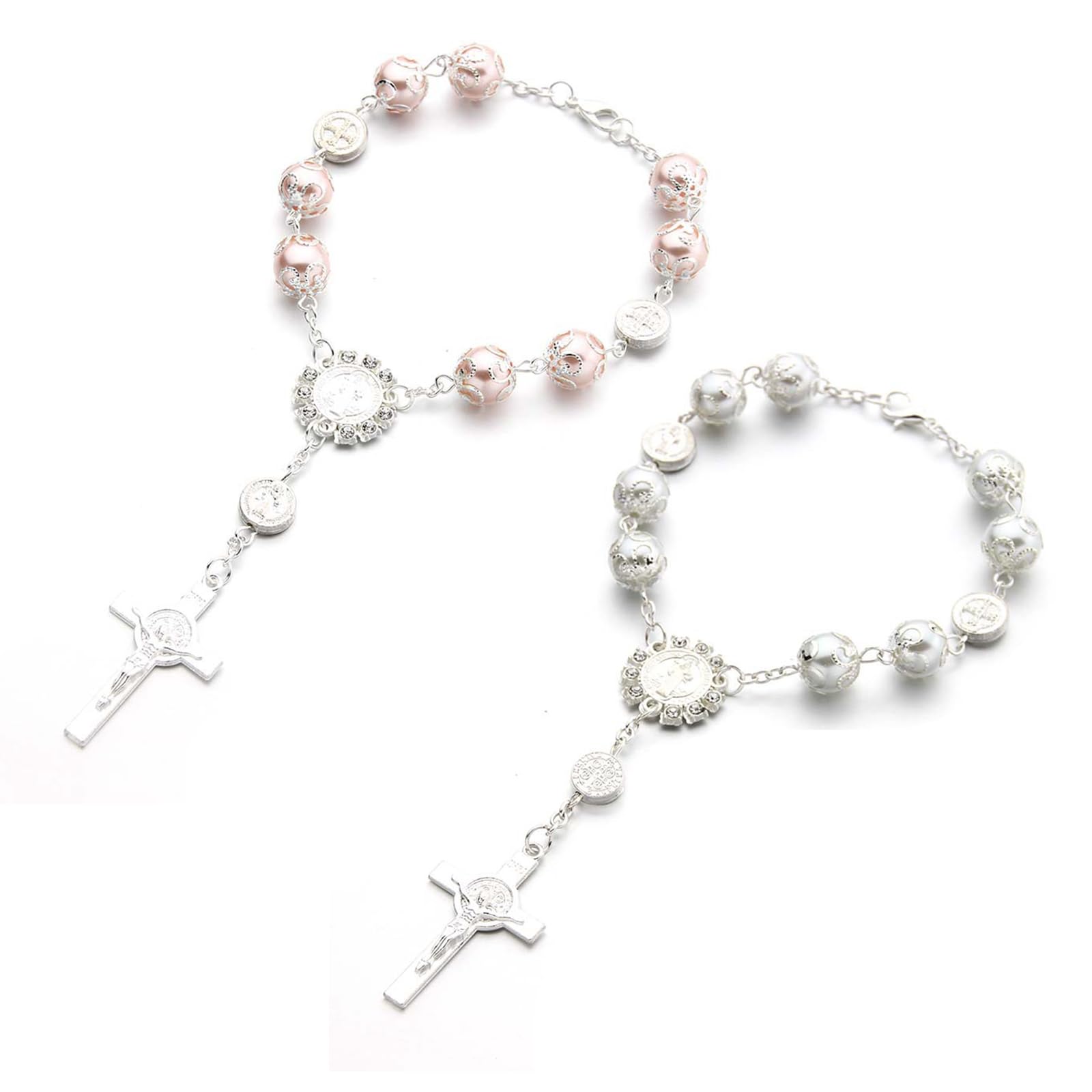 Ziciner 2 Pcs Car Rosary For Rearview Mirror, Personalized Blessing Rear View Mirror Hanging Decors, Auto Rearview Mirror Rosary Pendant, Car Interior Hanging Accessories (Silver & Pink)