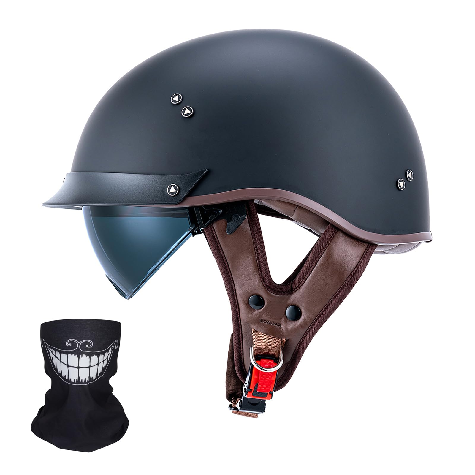 Half Motorcycle Helmets Open Face Sun Visor Quick Release Buckle Dot Approved Cruiser Pilot Helmets For Adults Men Women(F07A Matte Black,L)