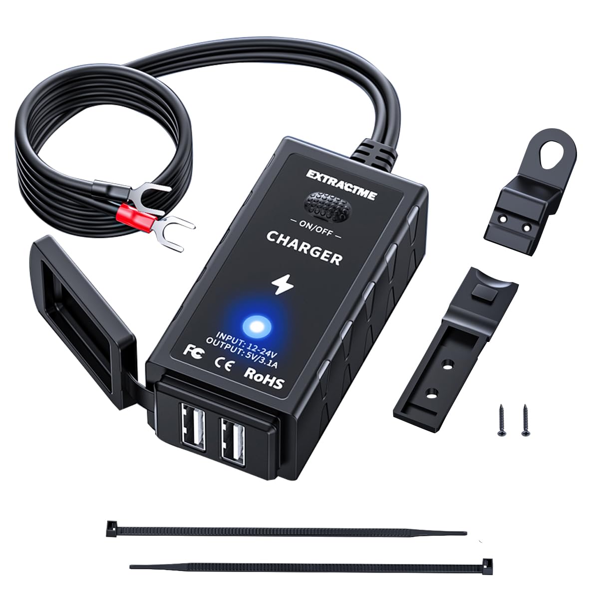 Extractme Motorcycle Phone Charger, 3.1 Amp Motorcycle Dual Usb Charger With On/Off Switch & Led Light, Waterproof Atv/Motorcycle Accessories For Phone, Tablet, Gps, Etc