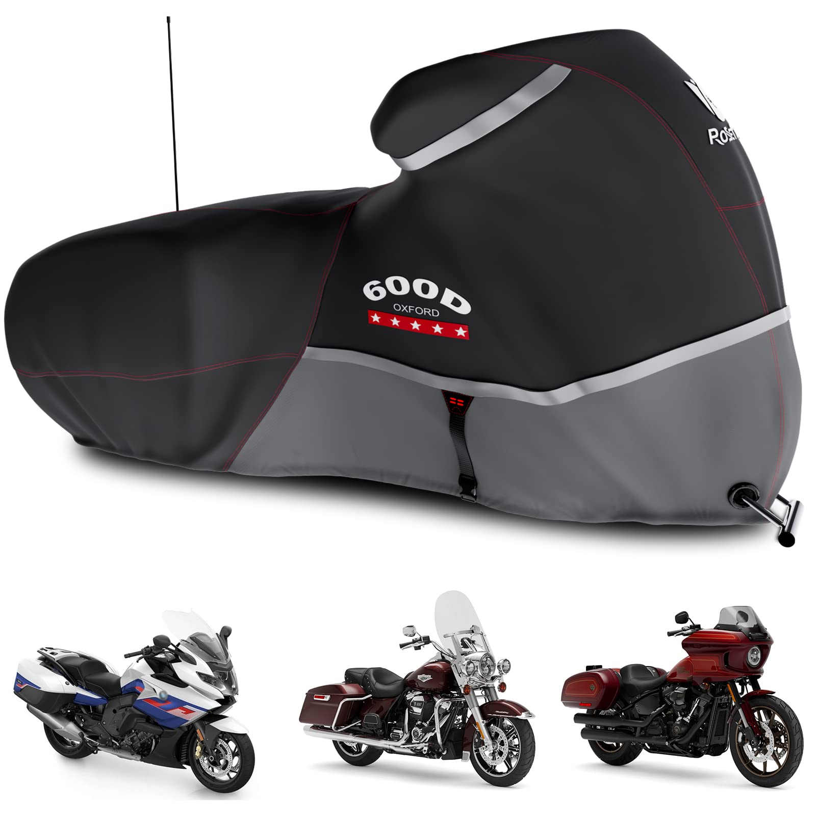 Rosefray Motorcycle Cover 600D Waterproof For Touring Models Harley Davidson Road King,Road Glide,Street Glide, Electra Glide,Low Rider-St Indoor & Outdoor Storage Gray