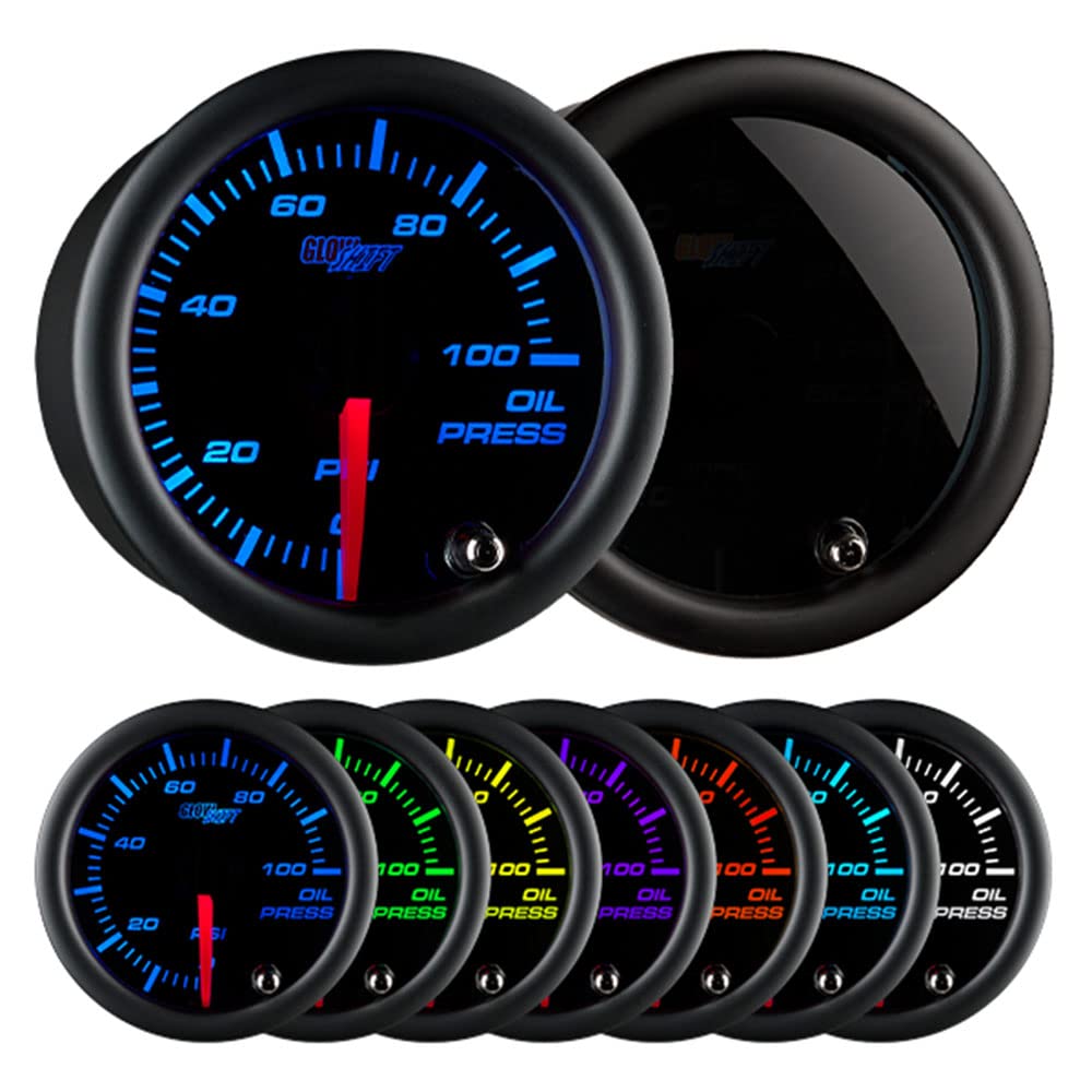 Glowshift Tinted 7 Color 100 Psi Oil Pressure Gauge Kit - Includes Electronic Sensor - Black Dial - Smoked Lens - For Car & Truck - 2-1/16' 52Mm
