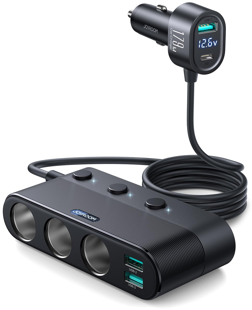 [2025 Upgraded] 7 In 1 Cigarette Lighter Adapter, Joyroom 179W Car Charger Adapter With Pd30W Charge(3.3Ft Cable), 24V/ 12V Cigarette Lighter Splitter With Independent Switches & Led Voltage Display