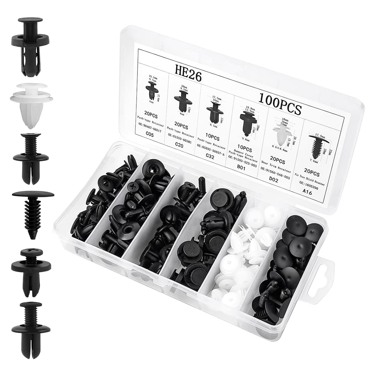 100Pcs 6 Sizes Car Retainer Clips Set, Auto Door Trim Panel Clips, Bumper Push Rivet Clips With Storage Box, Expansion Screws Replacement Kit Accessories, Universal For Gm, Ford, Toyota, Chrysler