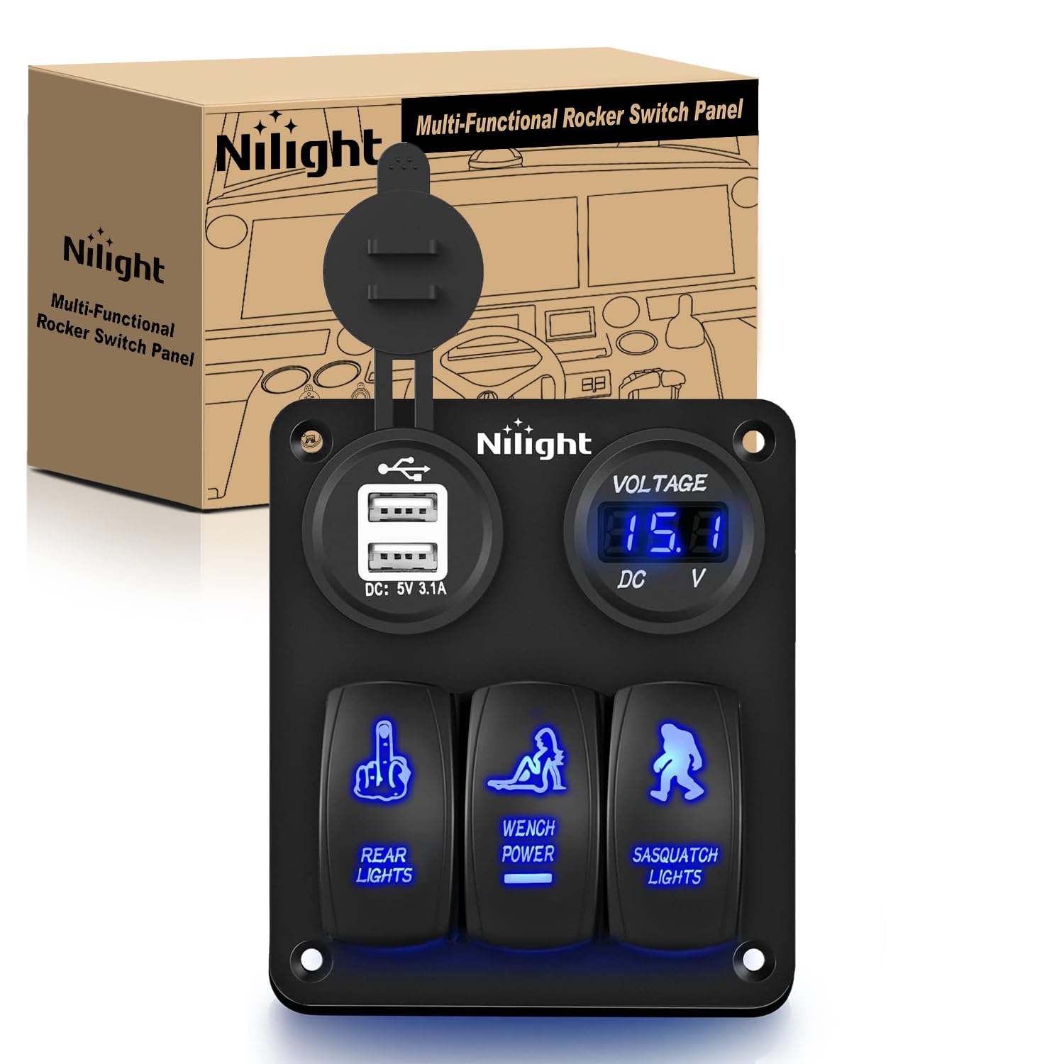 Nilight 3 Gang Rocker Switch Panel Usb Charger Led Voltmeter Sasquatch Lights Wench Power Rear Lights Switch On Off Waterproof Toggle Switch Panel For 12V Cars Trucks Boats,2 Years Warranty, Blue