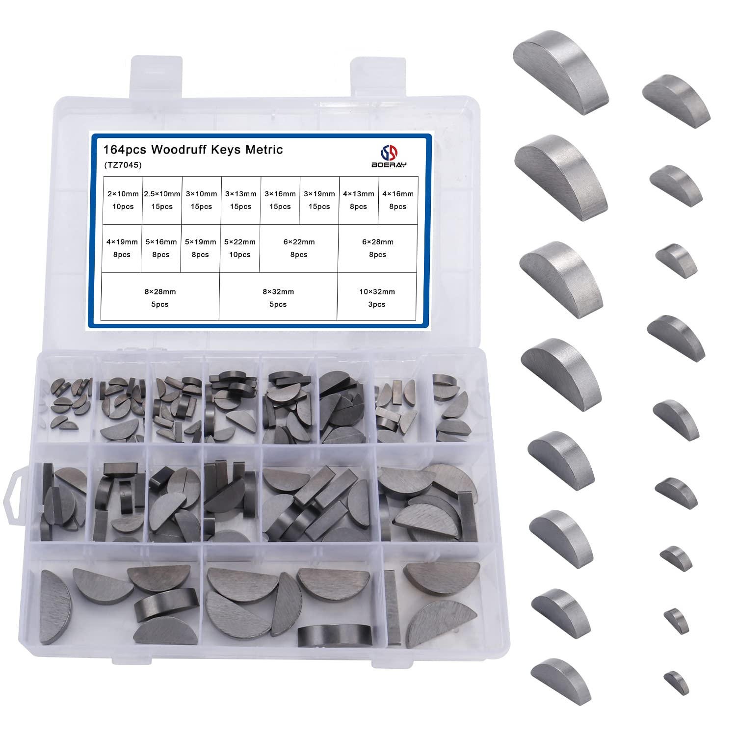 Boeray 164Pcs Woodruff Key Assortment Metric Set 17 Sizes Carbon Steel Woodruff-Key Kit Woodruff Key-Crankshaft