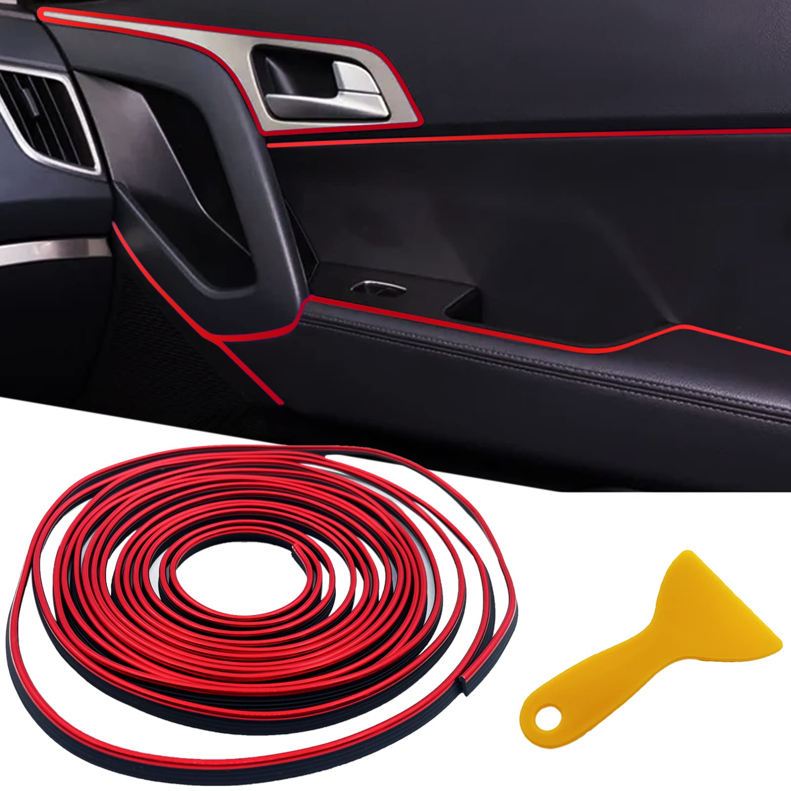 Osifit Car Interior Trim Strips,Universal 33Ft Car Electroplating Decoration Styling Door Dashboard, Flexible Interior Trim Accessories With Installing Tool(Red)