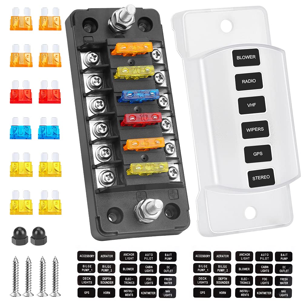 Electop 6 Way Fuse Block Blade Fuse Box With Negative Bus, 6 Circuit Fuse Holder Fuse Block W/Negative Bus, Waterproof Protection Cover Sticker Labels For 12V/24V Automotive Car Truck Boat Marine Rv