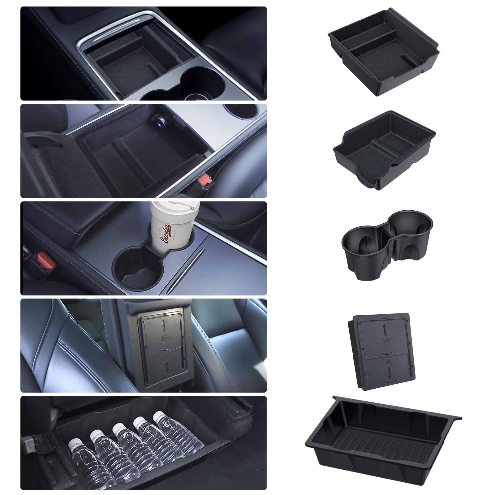 Bankky Center Console Organizer Tray 5Pcs For Tesla Model Y Accessories 2024 2023 2022 2021 2020, Armrest Storage Tray And Hidden Storage Box, Cup Holder Insert, Under Seat Storage Box