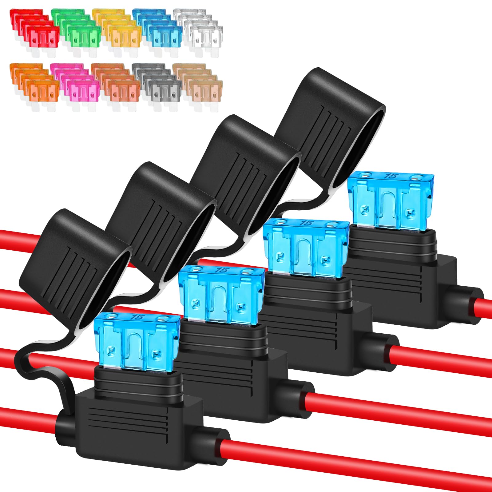 Anyongora 4 Packs 12Awg Inline Fuse Holder, Waterproof Automotive Blade Fuse Holder With 40 Pcs Standard Fuses Atc/Ato (4 Of Each: 2A, 3A, 5A, 7.5A, 10A, 15A, 20A, 25A, 30A, 40A) - Set Of 4