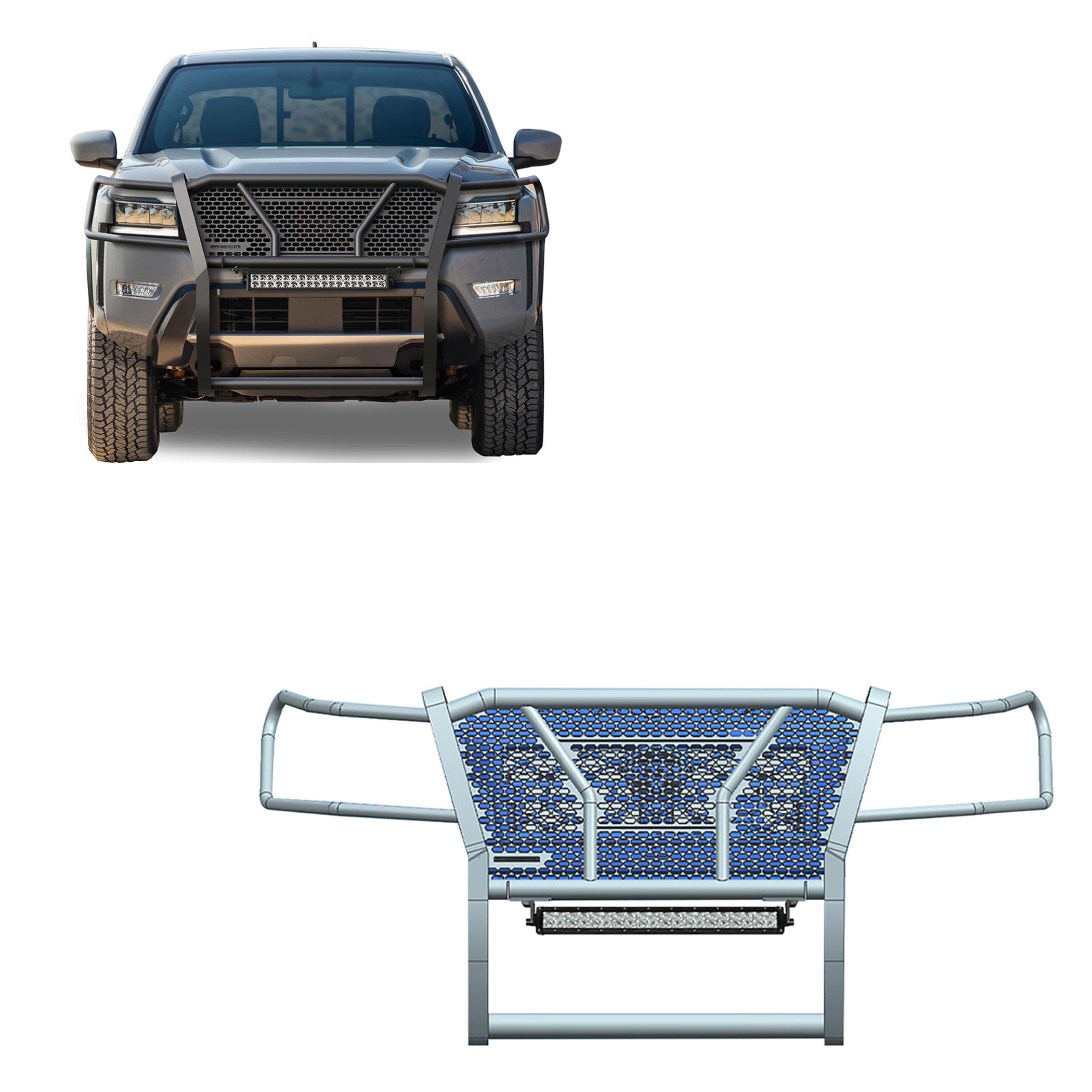 Black Horse Rugged Heavy Duty Grille Brush Bumper Guard Modular Black Come With 20' Double Row Led Light Compatible With 2022-2024 Nissan Frontier-Ru-Nifr22-B-K1