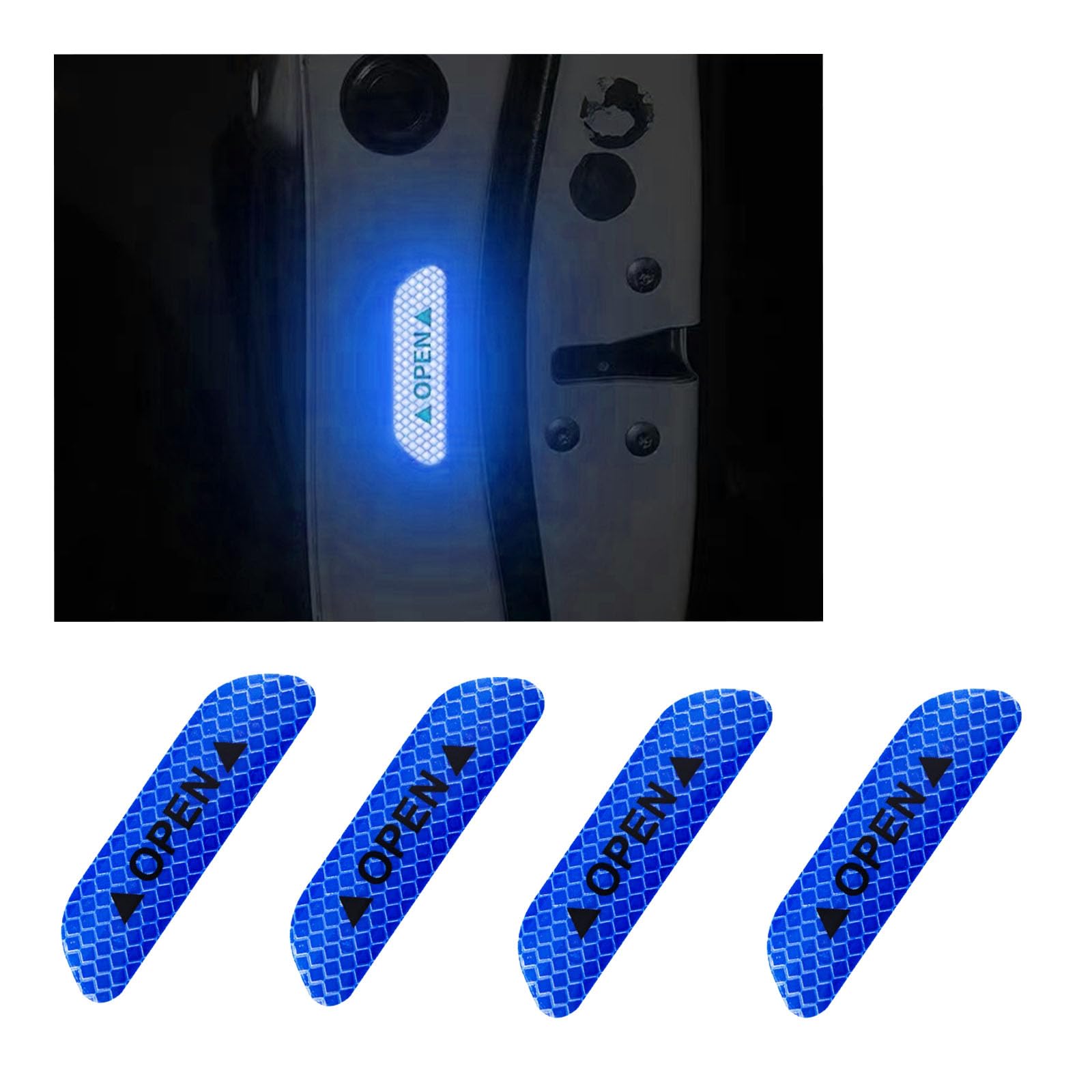 Dickno 4 Pcs Car Door Reflective Safety Stickers, Night Visibility Auto Safety Warning Logos Anti-Collision Protective Strip, Universal Exterior Decor Accessories For Most Cars (Blue)