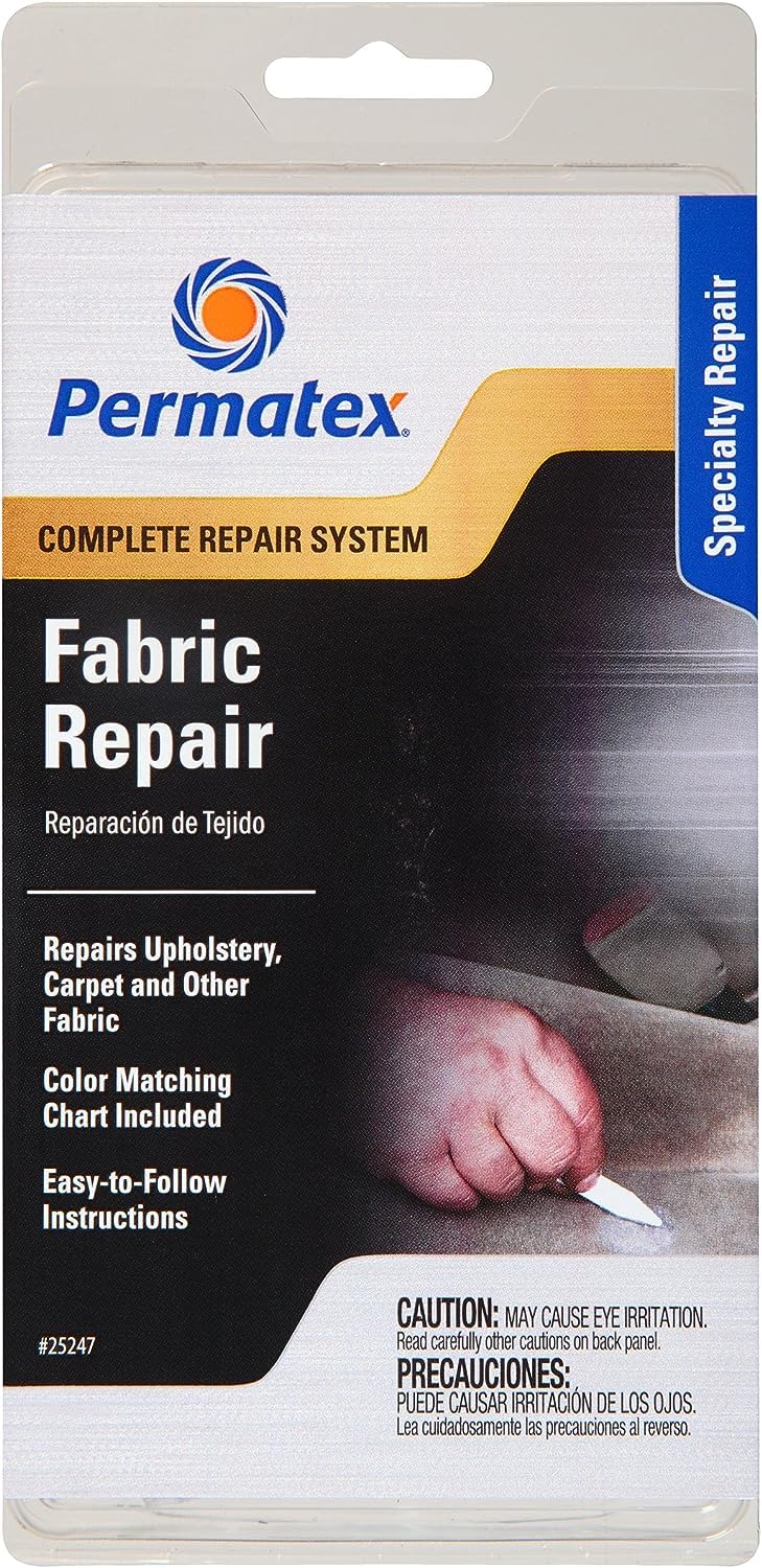 Permatex Fabric Repair Kit - Acrylic Or Rubber-Based - Cups, Applicator, Spray, Patch - Assorted Colors - Clamshell Container