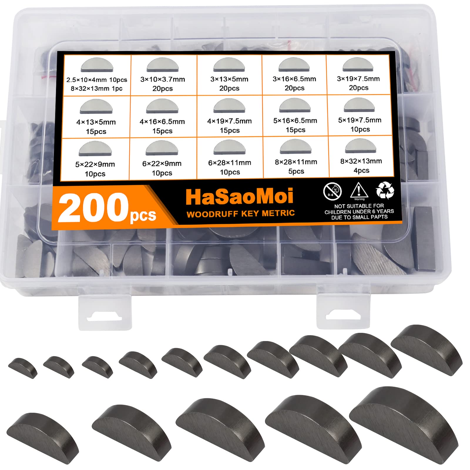 Hasaomoi 200Pcs Metric Woodruff Key Assortment Kit With 15 Most Popular Sizes - Woodruff Semicircle Key - Half Moon Key - Keyway - Shaft Crank Key