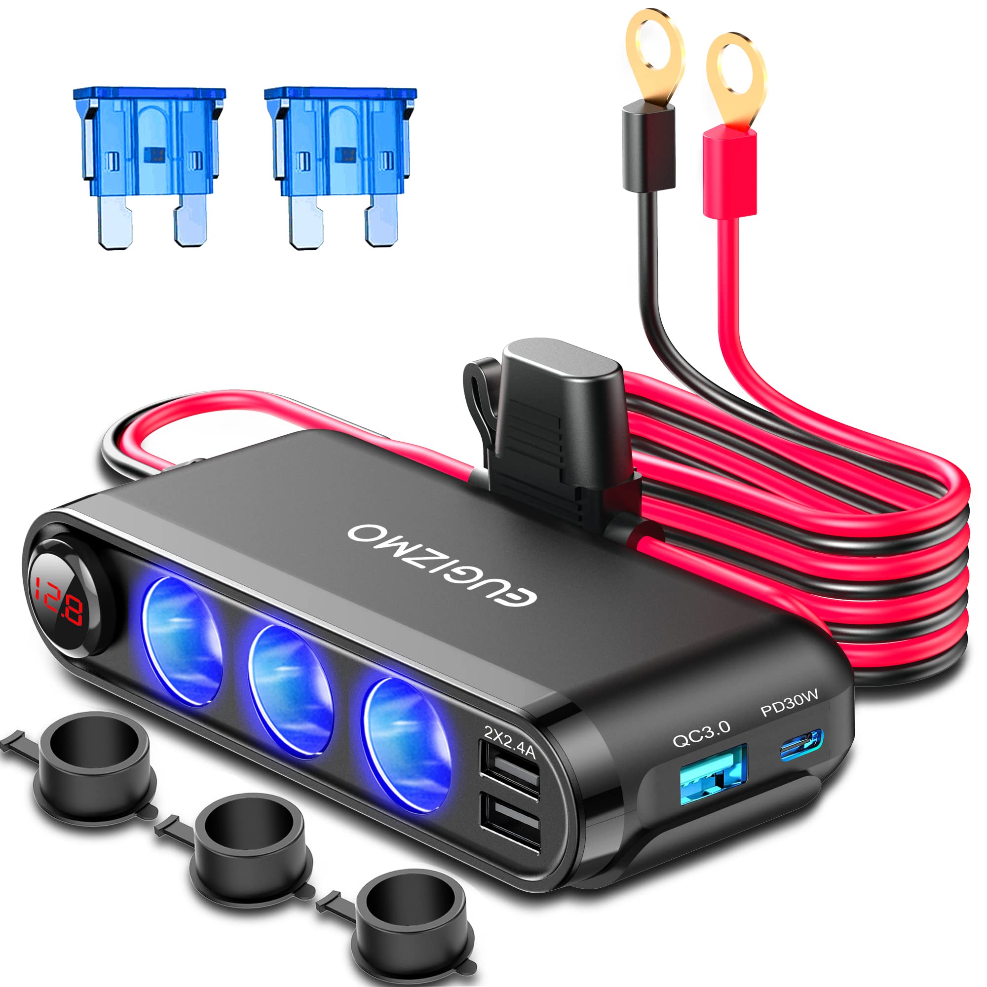 Eugizmo 12V Cigarette Lighter Socket Splitter, 200W 3-Port USB Charger, Black Multi-Port Car Adapter with Eyelet Terminal