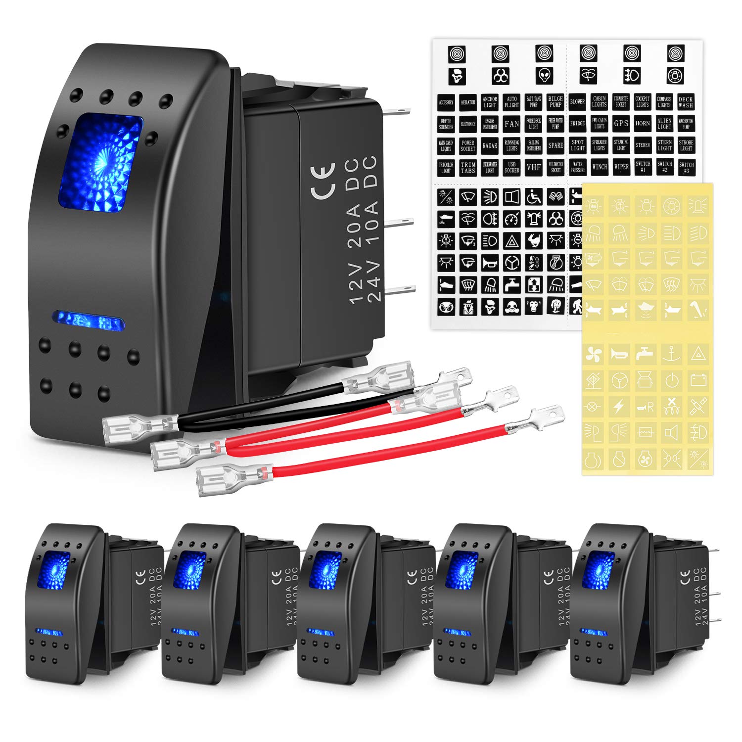 Nilight 6Pcs 5Pin Spst Rocker Switches With 6 Sets Jumper Wires Set 20A/12V 10A/24V On/Off Toggle Switches With Night Glow Sticker For Trucks Boats Auto Motorcycles,2 Years Warranty (90131F) , Blue