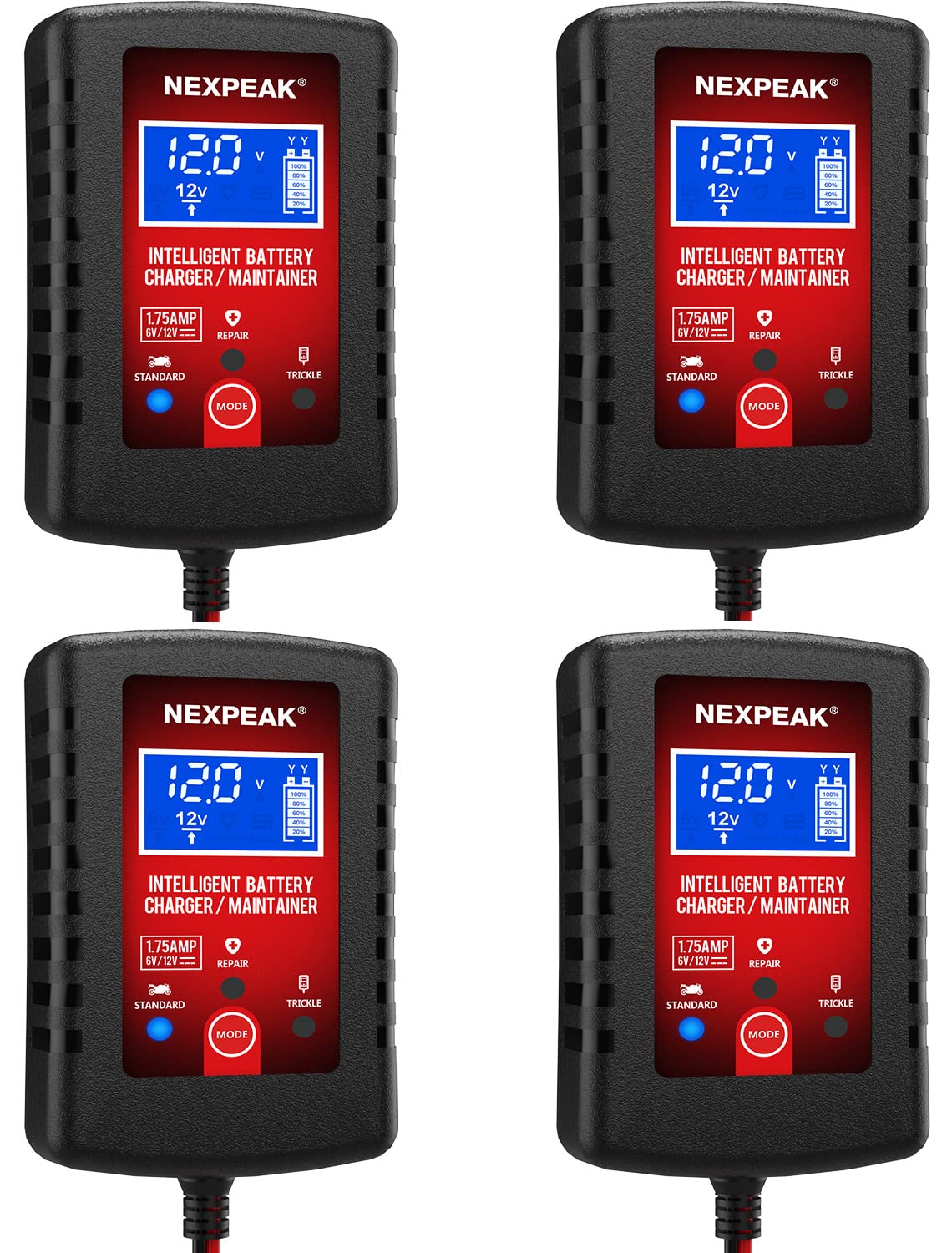 [4-Pack]1.75-Amp Car Battery Charger, 6V And 12V Smart Fully Automatic Battery Charger Maintainer, Trickle Charger, Battery Desulfator For Car, Lawn Mower, Motorcycle, Boat, Marine Lead Acid Batteries