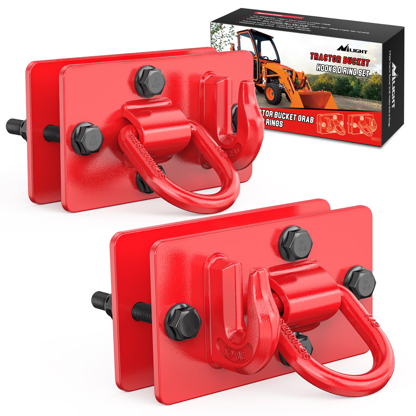 Nilight 2Pcs Tractor Bucket Hooks With Tie Down Ring, Grade 70 Grade Forged Steel Bolt-On Grab Hook With Back Plates For Tractor Bucket Rv Utv Truck Mbs 15000 Lbs, Red, 2 Years Warranty