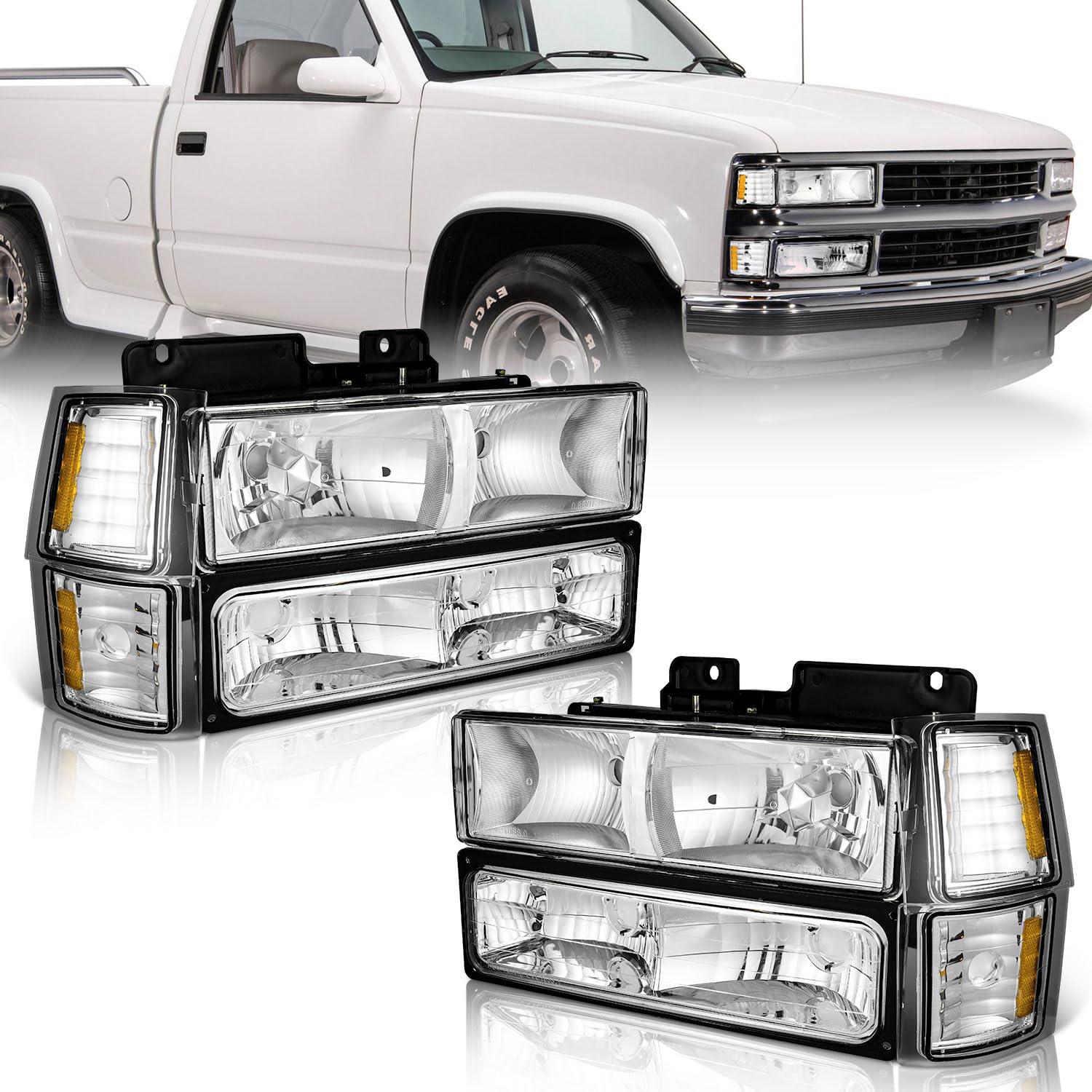 Weelmoto Headlights Assembly For 1994-1998 Chevy C10, 94-98 C/K 1500 2500 3500, 94-98 Tahoe/Suburban/Silverado, 92-94 Blazer For 94 95 96 97 98 Pickup Headlight+Corner+Bumper Signal Light Headlamp Set