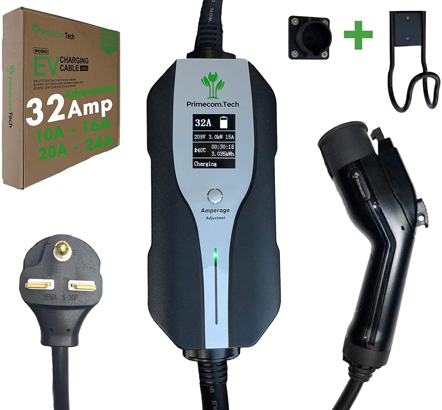 Primecom.Tech Level 2 Electric Vehicle (Ev) Charger Amperage Adjustable (10Amp - 16Amp - 20Amp - 24Amp - 32Amp) 30Ft Cable Evse Plug-In Hybrid (50 Ft, 6-30P)