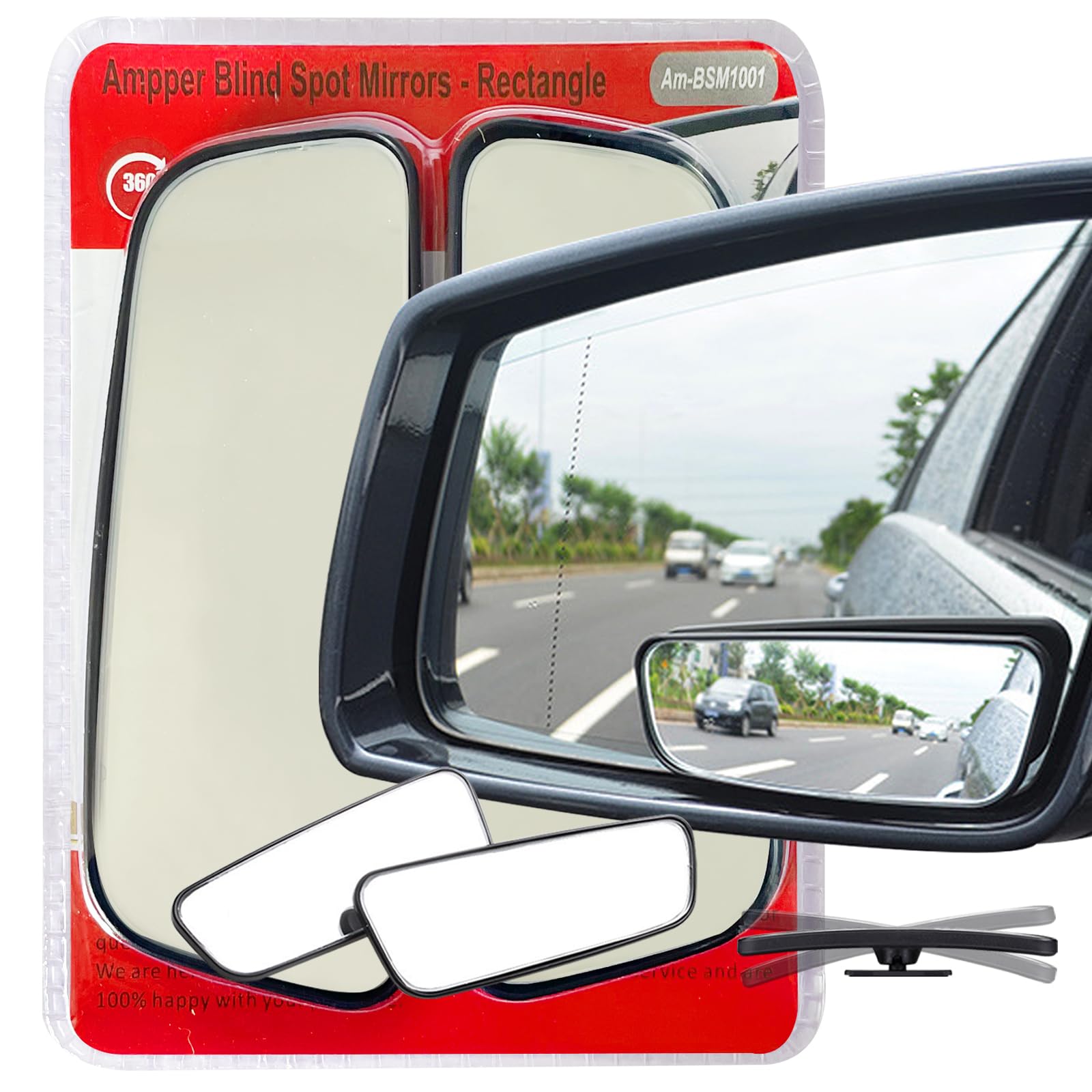 Ampper Rectangle Blind Spot Mirror, Hd Glass Abs Housing Convex Wide Angle Rearview Blindspot Car Mirror For Car Suv And Truck (Framed, Pack Of 2)