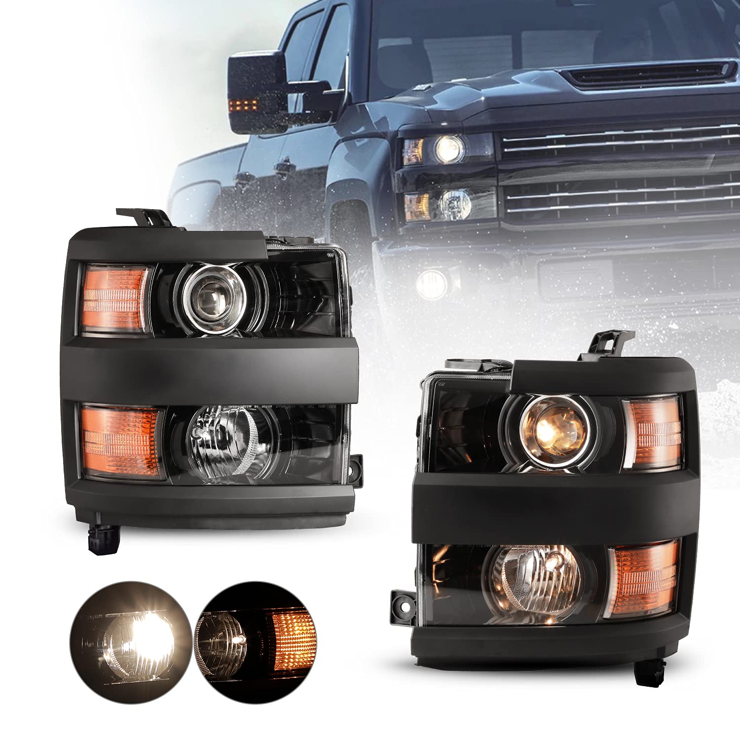 Roxx Headlight Assembly Fit For 2015-2019 Chevy Silverado 2500&3500, Low/High Beam Headlight Replacement For 2015-2019 Chevy Silverado 2500/3500, Black Housing With Clear Lens