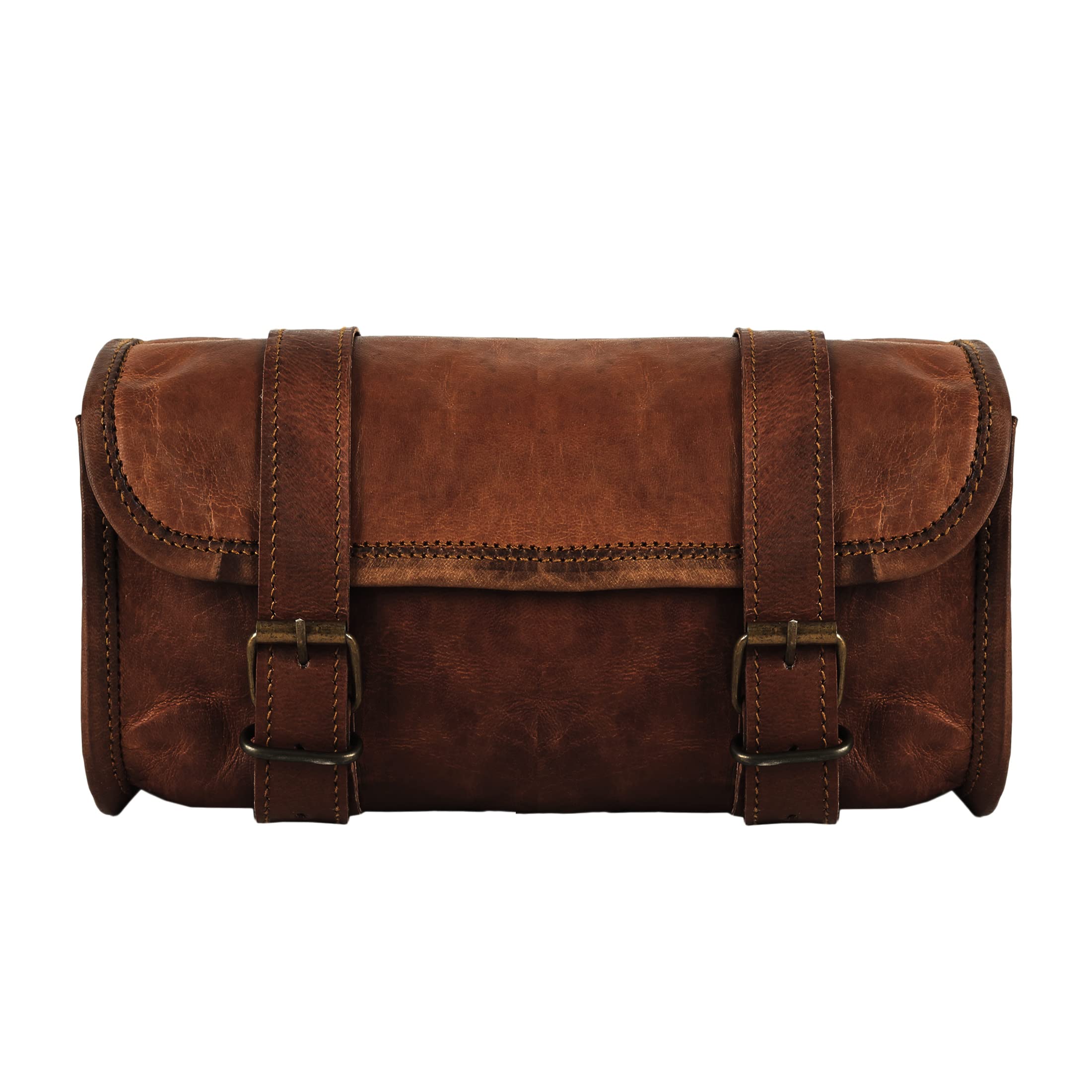 Genuine Goat Leather Vintage Motorcycle 2 Strap Buckle Closure Tool Brown Bag Quick Release Clasp Reinforced For Handlebars,Forks, Sissy Bar - 10' Christmas New Year Gift Idea