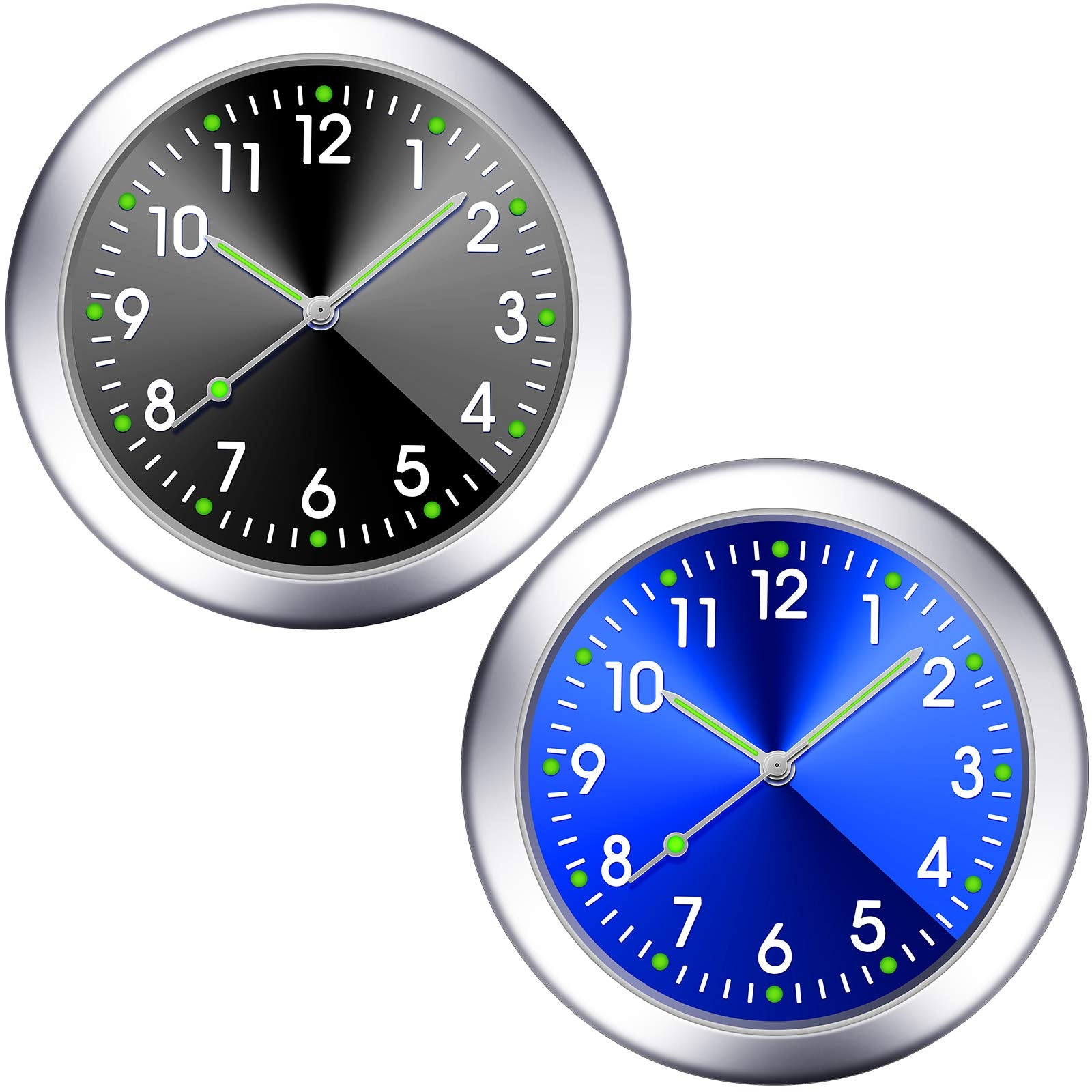 2 Pieces Stick On Dashboard Car Clock Mini Tiny Small Luminous Car Vent Clocks Watch For Dashboard Boat Bike Home (Black, Blue)