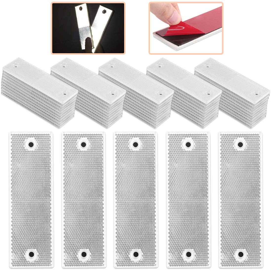 Rustark 50 Pcs White Plastic Rectangular Stick-On Car Reflector Sticker Waterproof Warning Plate Adhesive Reflective With Screw Holes For Universal Car (White)