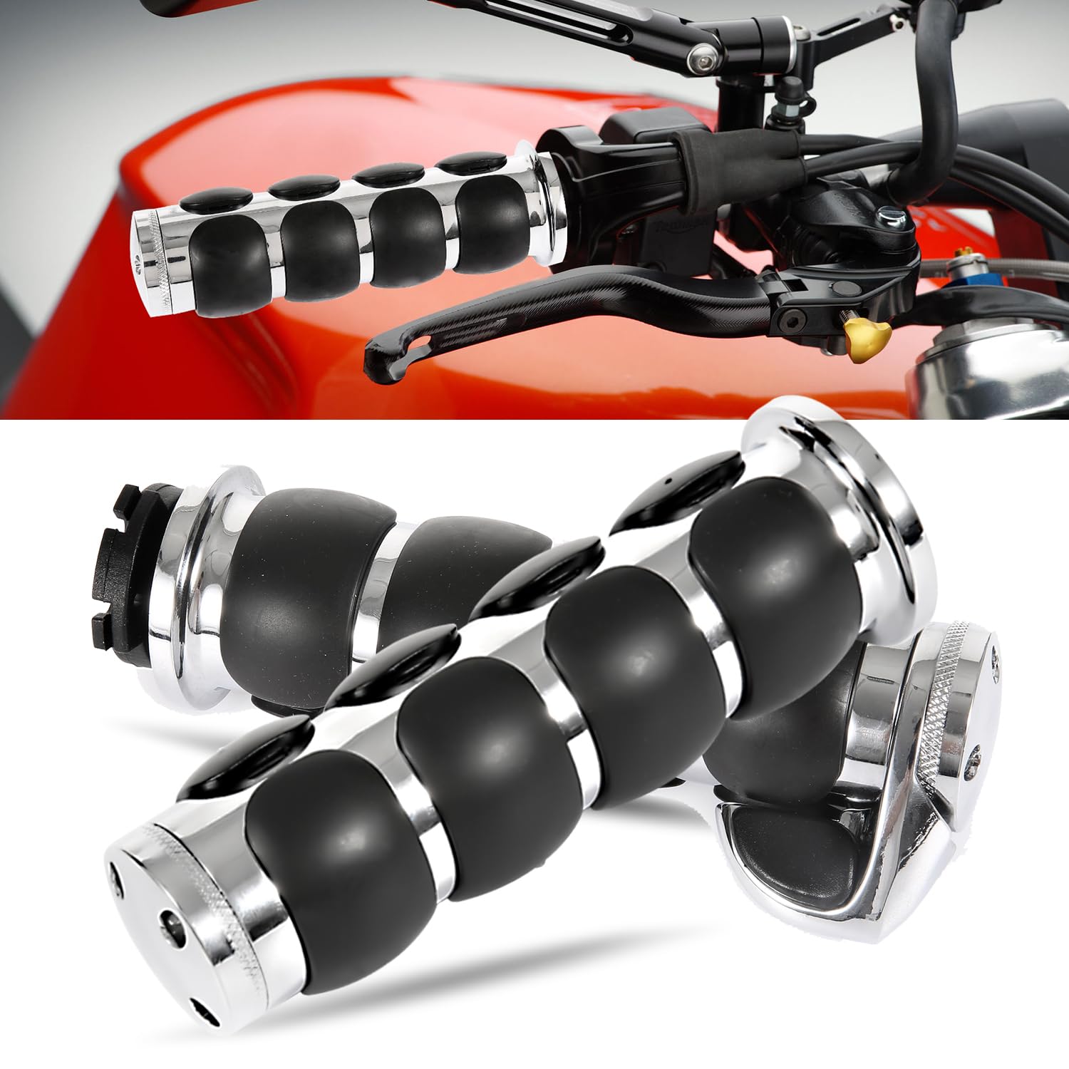 Oxmart Motorcycle Handle Grips Universal 1'' Chrome Hand Grips With Anti-Slip Rubber Design And Throttle Assist Fit For Harley Yamaha Suzuki Honda Kawasaki