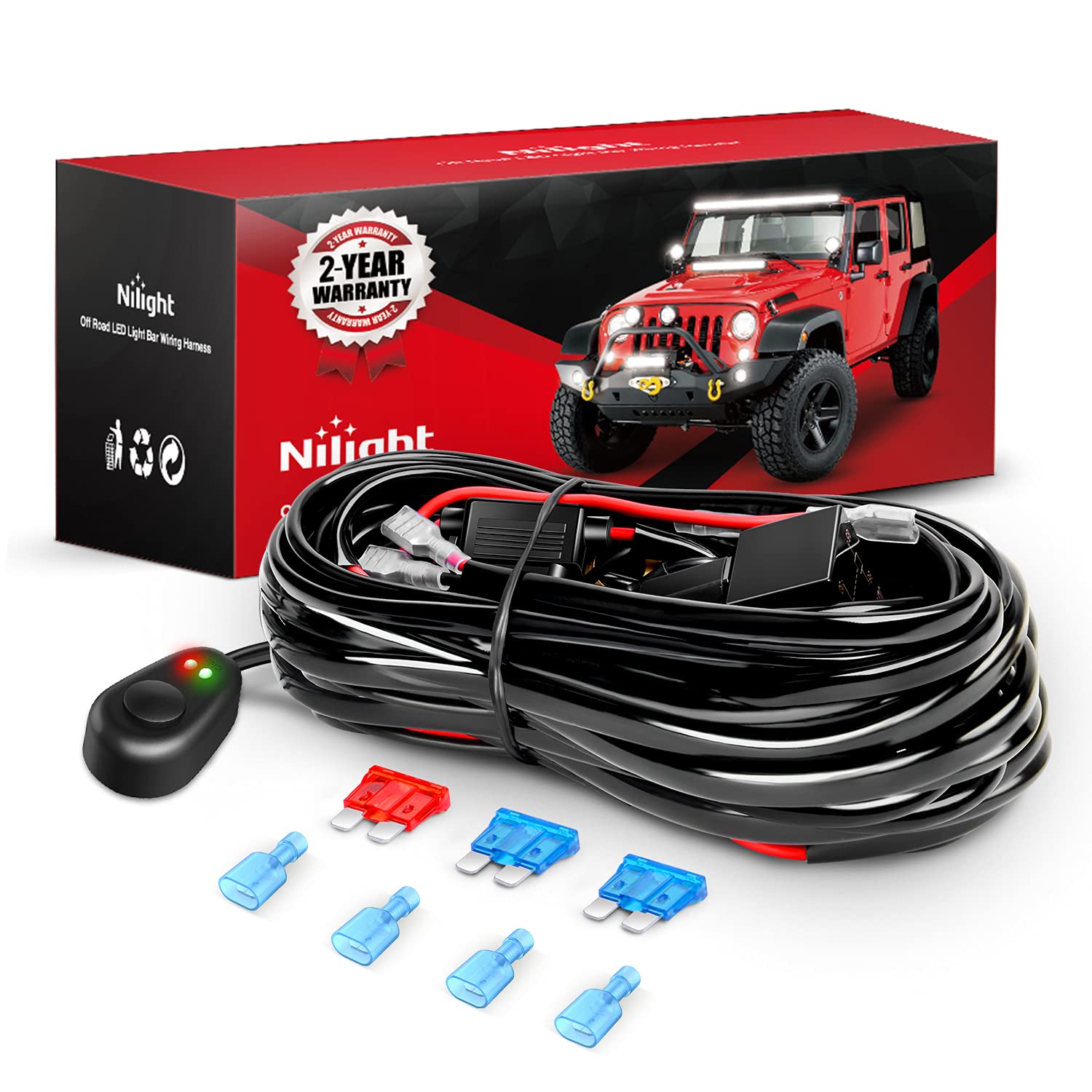 Nilight 16Awg Off-Road Led Light Bar Wiring Harness Kit 12V Relay On/Off Rocker Switch -2 Leads,2 Years Warranty