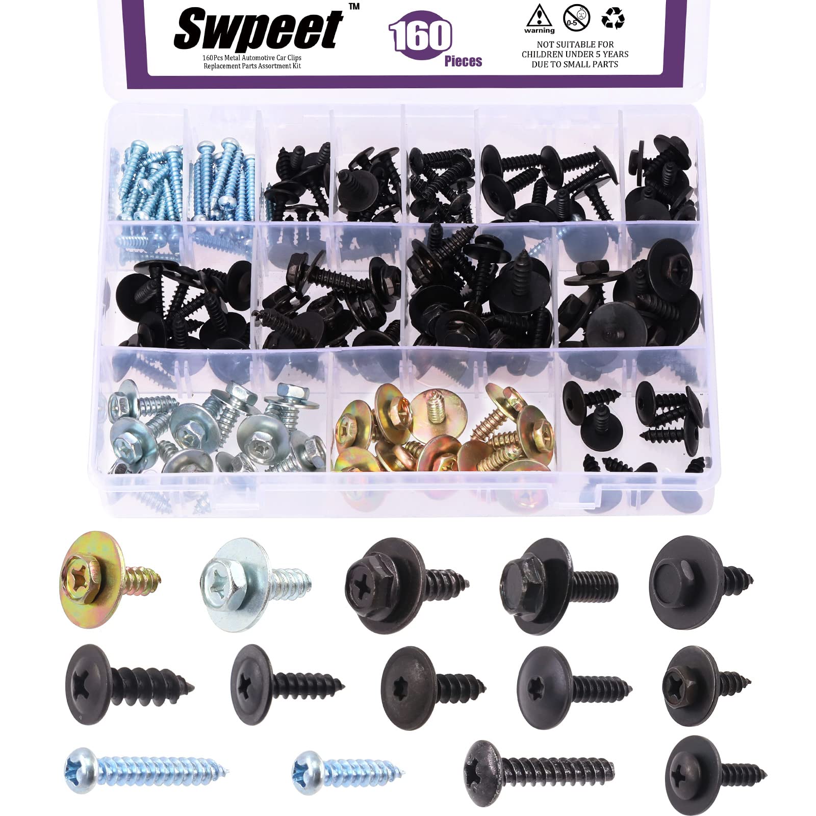 Swpeet 160Pcs 14 Sizes Metal Car Screw Body Bumper Hood Retainer Clips With Phillips Round Head Self Tapping Screw Assortment Kit, Body Bolts Fender Liner Splash Shield Bumper Cover For Most Cars