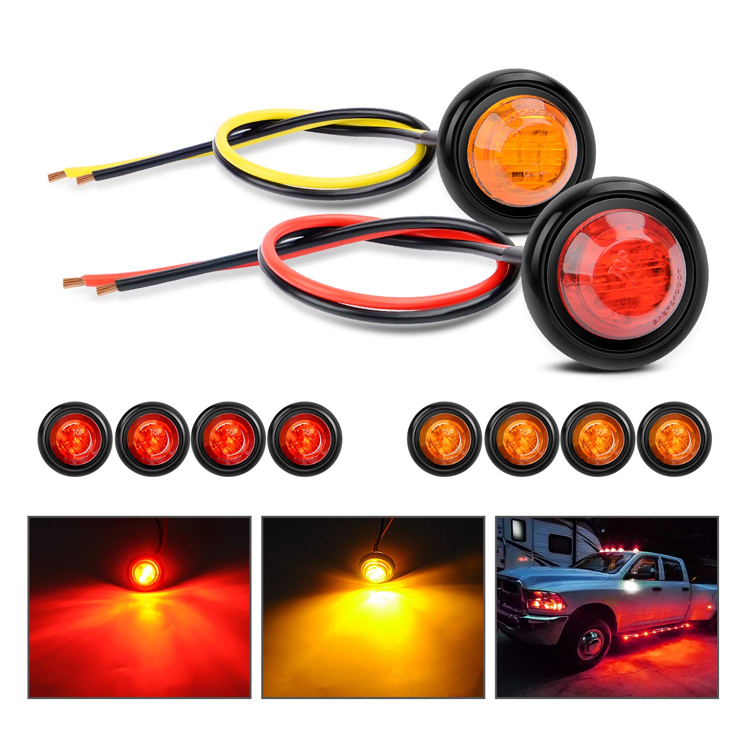 Nilight 10 Pcs 3/4 Inch Round Mini Led Clearance Light Led Front Rear Side Marker Indicator Light Bullet Marker Light For Truck Rv Car Bus Trailer Van Caravan Boat (12V, Red+Amber)