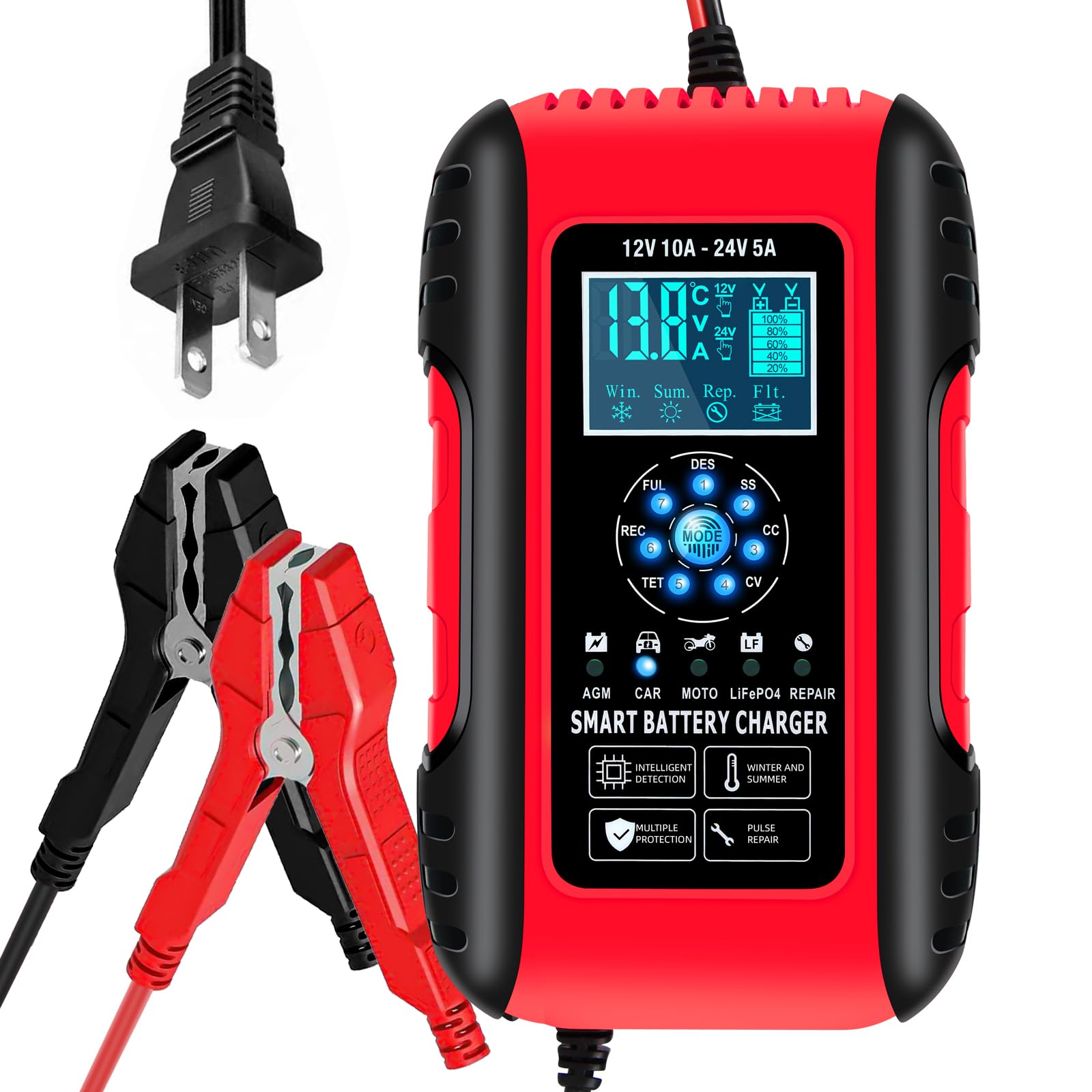 E-Fast Battery Charger, 10A Lifepo4 Lead Acid Car Battery Charger, Upgraded Automobile Trickle Charger 12/24V, All In 1 Battery Maintainer, For Truck Motorcycle Agm Lawn Mower Boat Marine Batteries