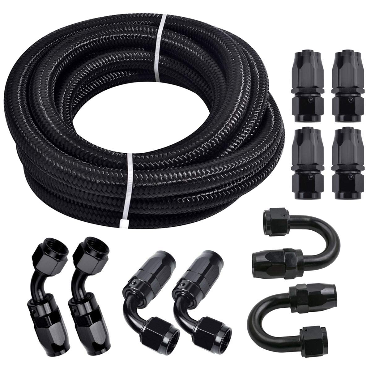 3/8 6An 20Ft, Nylon Stainless Steel Braided Fuel Line Oil/Gas/Fuel Hose End Fitting Hose With 10Pcs Swivel Fitting Adapter Kit - Black