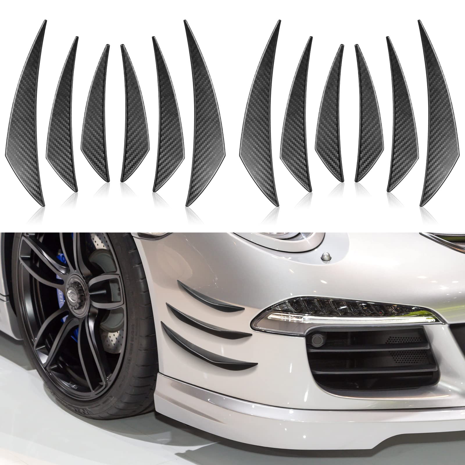 12 Pcs Universal Car Spoiler Canards Kit Front Bumper Lip Splitter Car Exterior Soft Fins Car Canards For Car Body Auto Anti Collision Strip Decoration Decal Sticker Accessories, Carbon Fibre Black