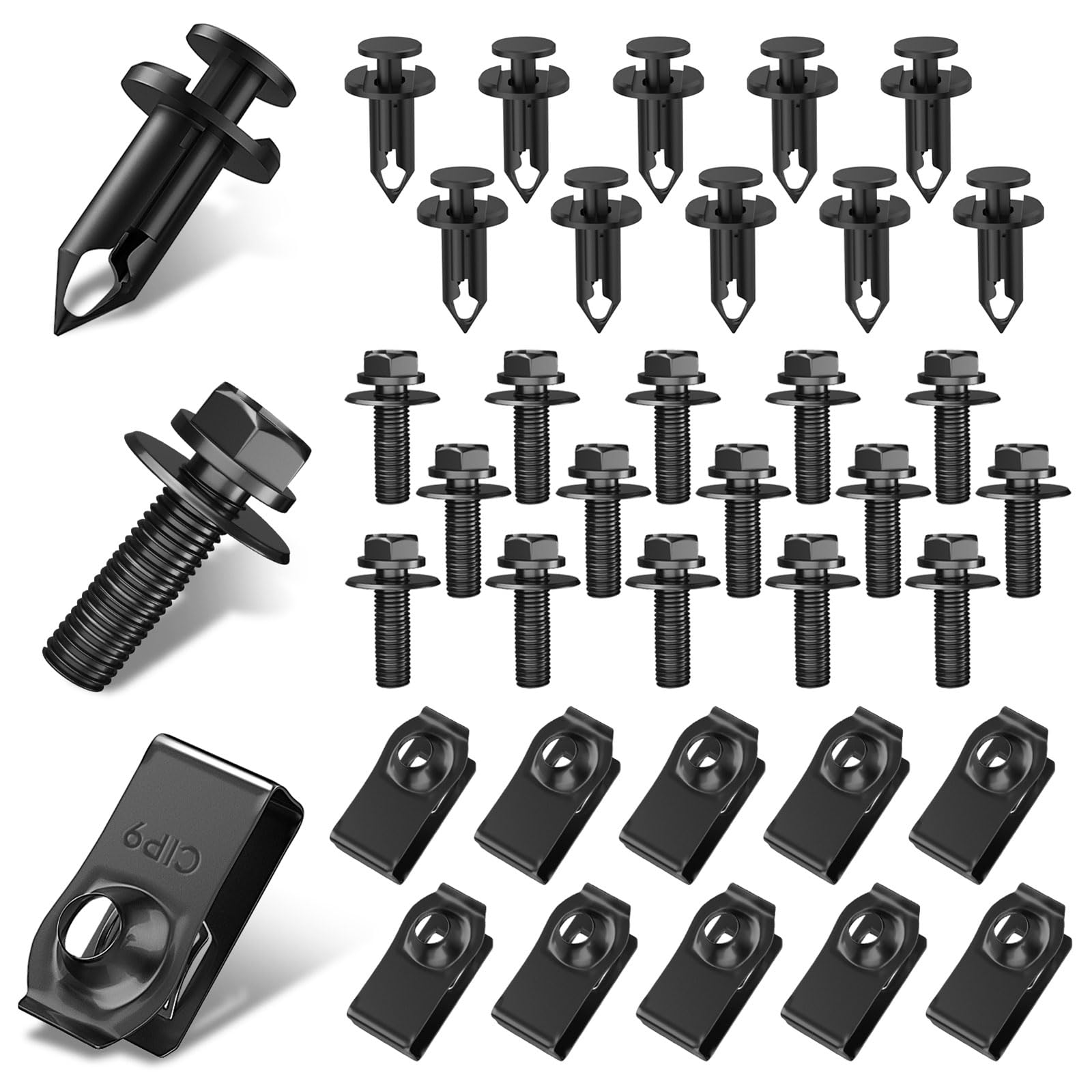 BOECIOG 35PCS Engine Splash Shield Guard Bolts & Clips, Black Automotive Hardware, Front Bumper & Fender Liner Fasteners, One Size