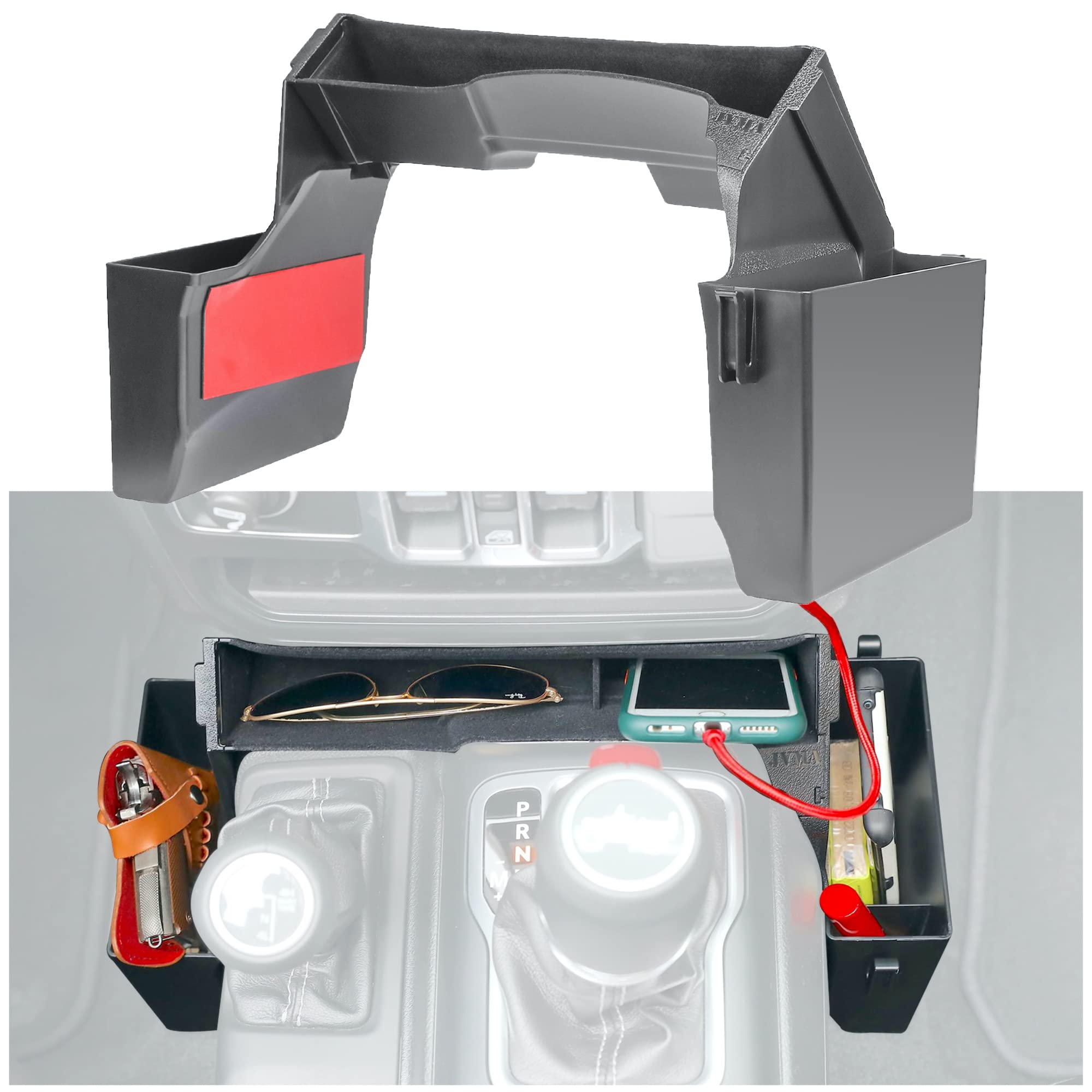 Jvma Center Console Gear Shift Organizer Tray For Jeep Gladiator Jt Accessories And Wrangler Jl Jlu 2024 2023 2022 2021 2020 2019 2018 Storage Box, Car Trash Bag Hook (Us Patent)